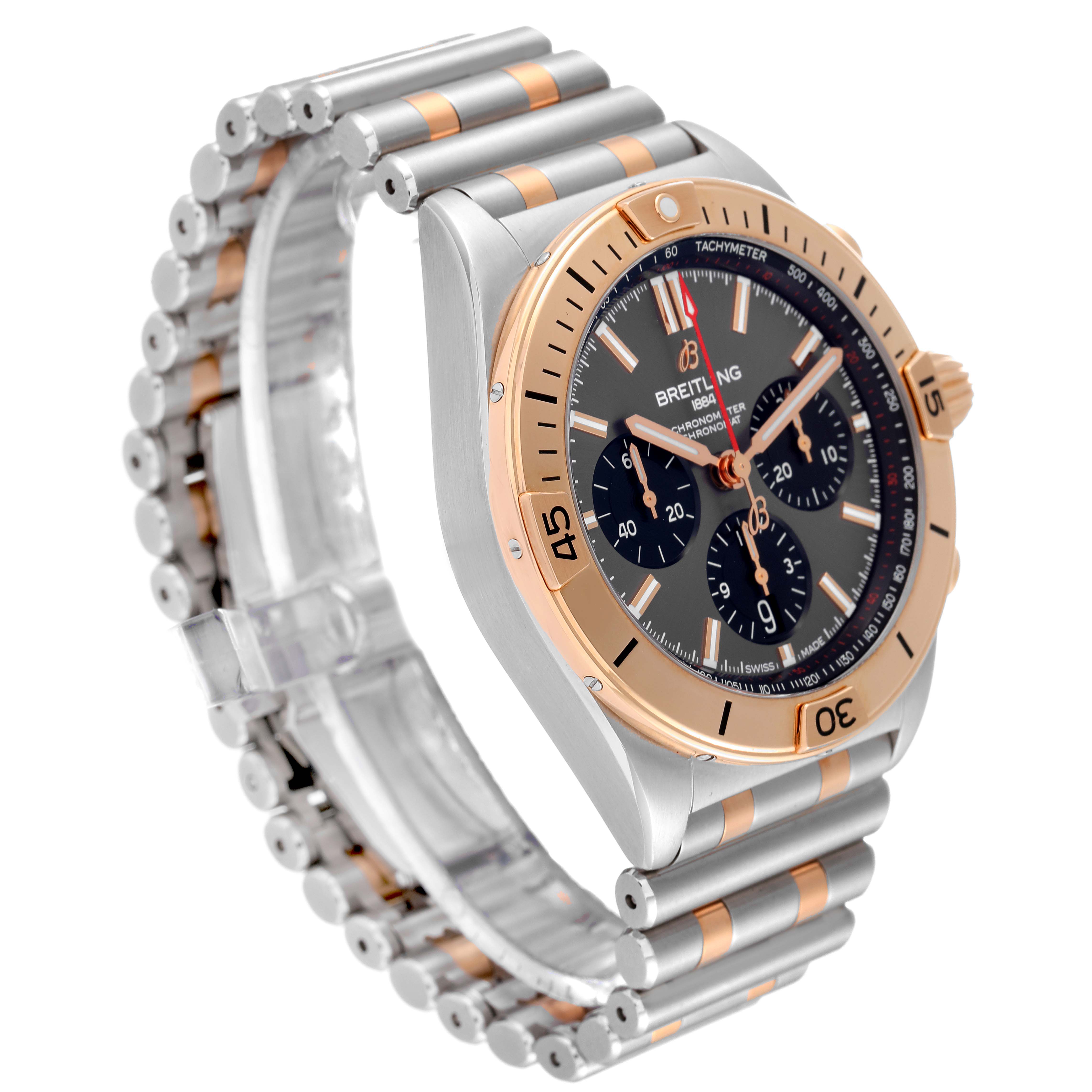 This image shows a side angle of the Breitling Chronomat UB0134 Men's Steel and Gold (two tone) Grey Dial UB0134 Men's Steel and Gold (two tone) Grey Dial watch, highlighting the dial, bezel, and stainless steel bracelet.