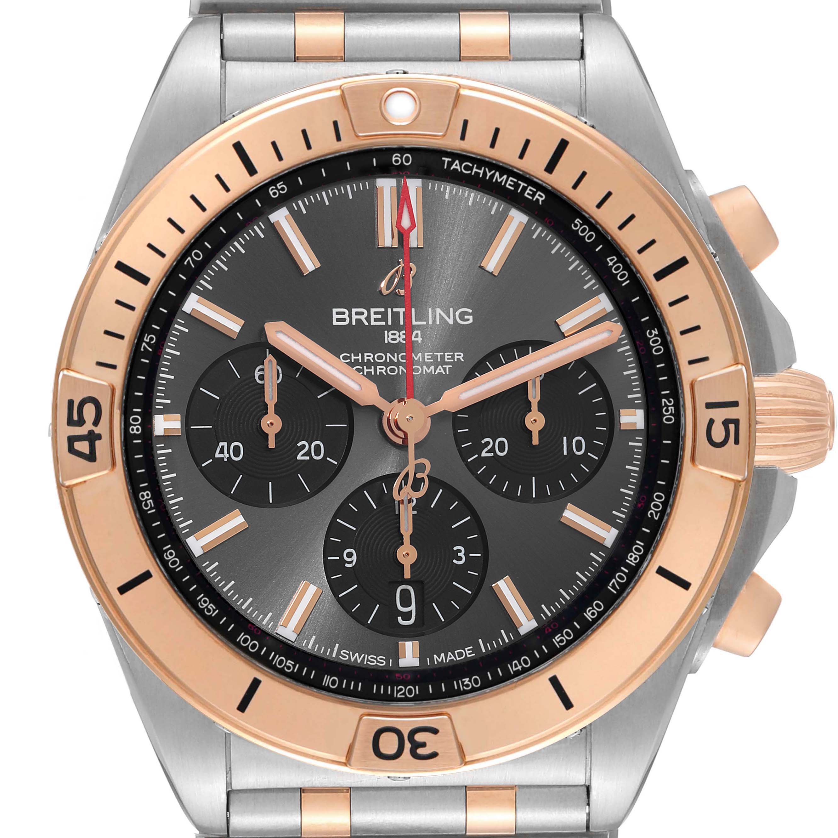 This image shows a front view of a Breitling Chronomat UB0134 Men's Steel and Gold (two tone) Grey Dial UB0134 Men's Steel and Gold (two tone) Grey Dial watch, highlighting its face, bezel, and chronograph subdials.