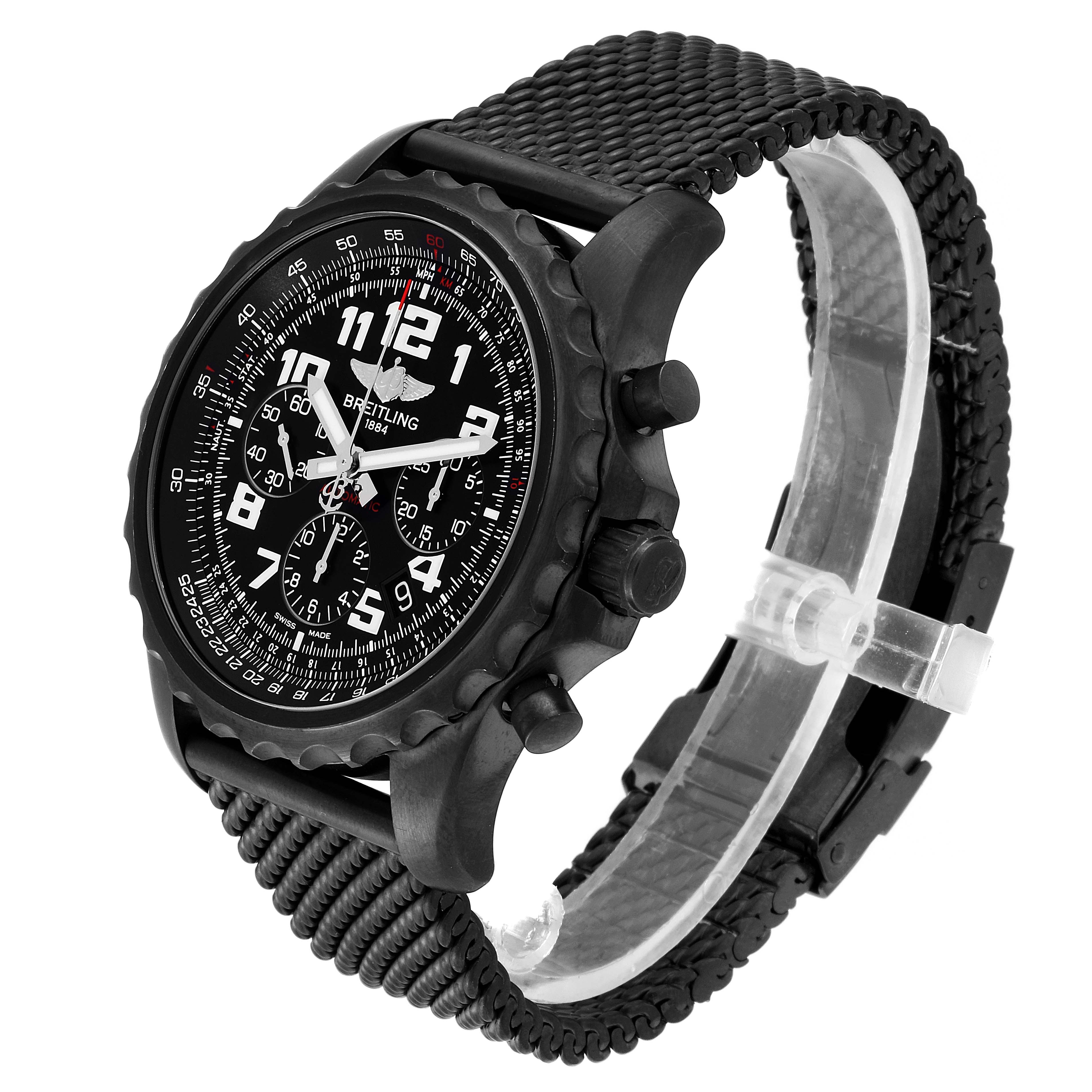 The Breitling Limited Series watch is shown at a three-quarter angle, highlighting its black dial, bezel, and textured strap.