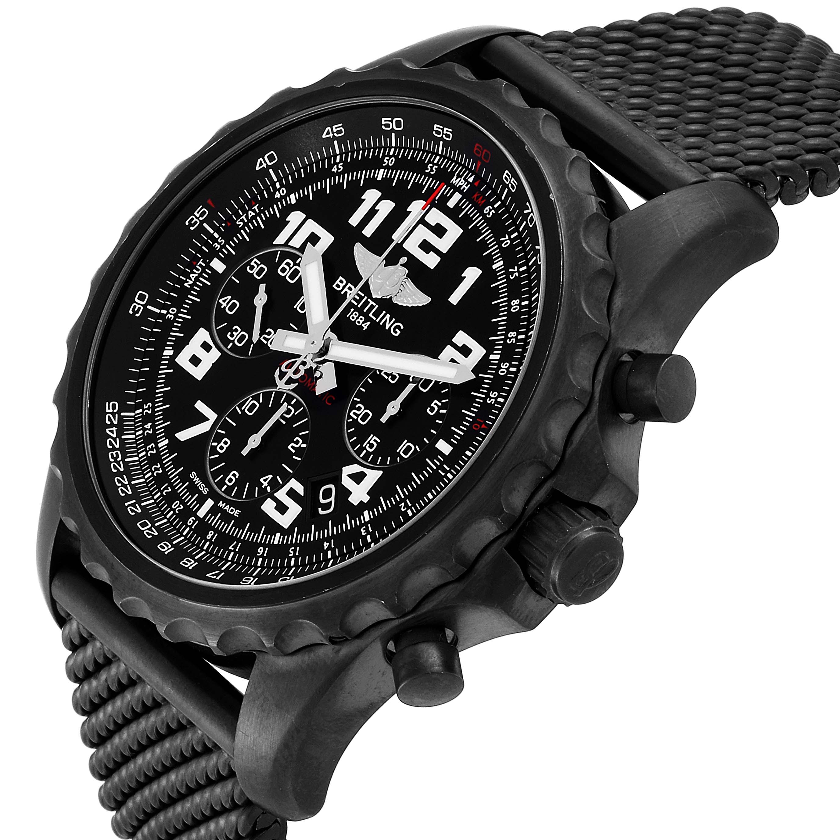 This image shows a Breitling Limited Series watch at an angled view, highlighting the dial, bezel, chronograph subdials, and textured strap.