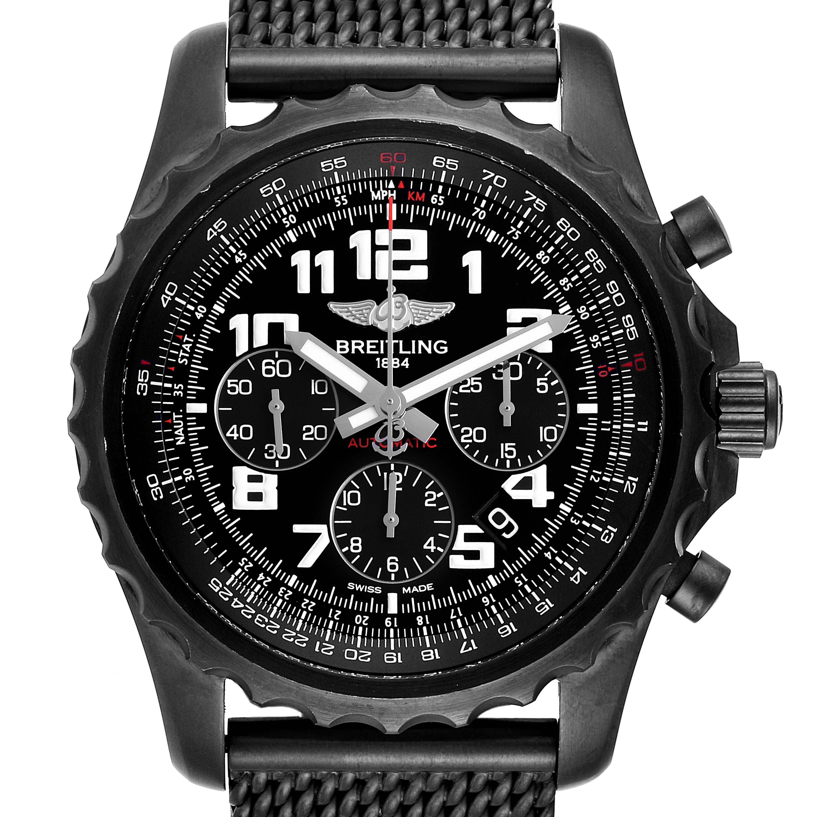 The image shows a front view of a Breitling Professional Series M2336022-BC17-150M Men's Stainless Steel Black Dial M2336022-BC17-150M Men's Stainless Steel Black Dial watch, highlighting its face, bezel, and chronograph dials.
