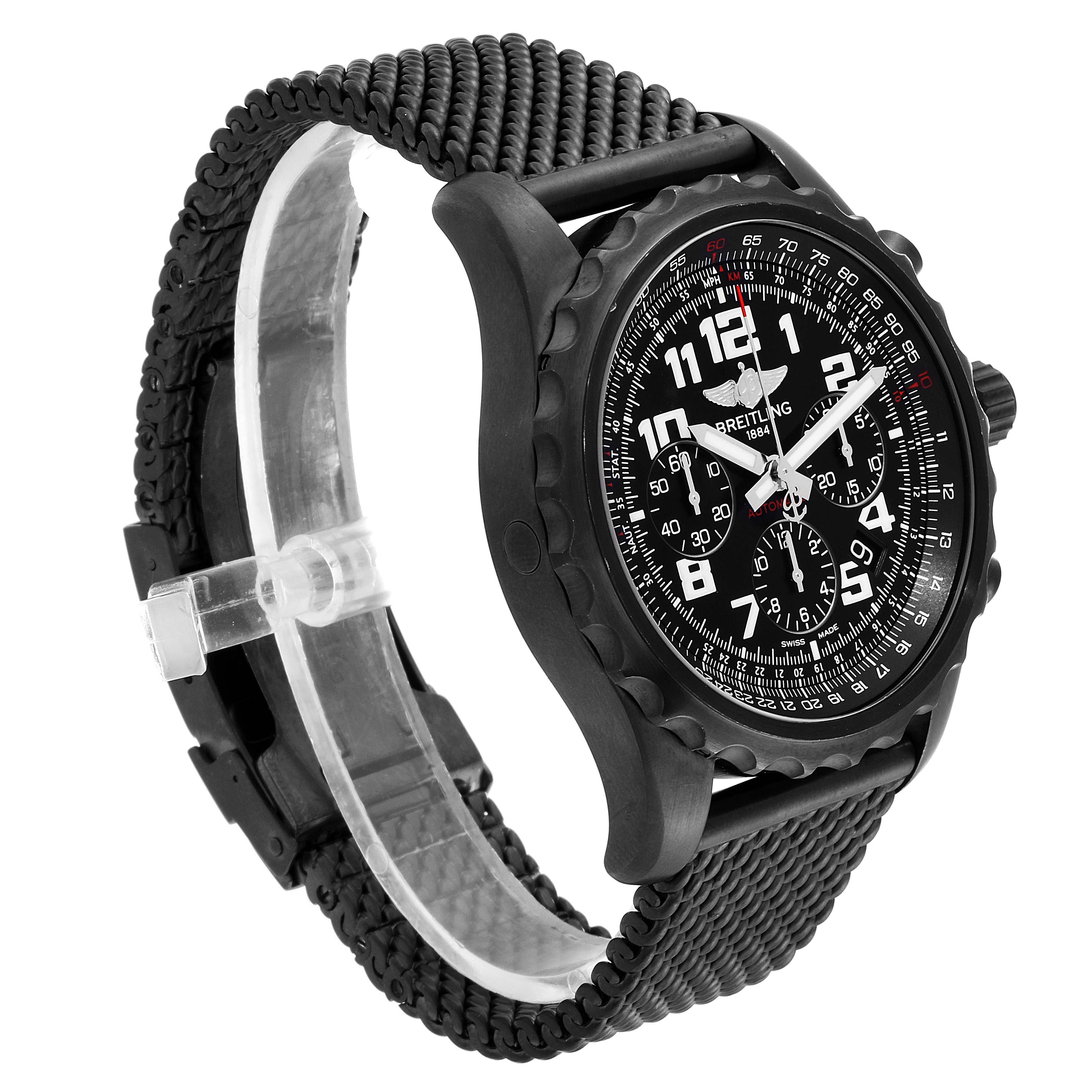 This image shows a Breitling Limited Series model watch at a three-quarter angle, highlighting its black bezel, dial, and textured strap.