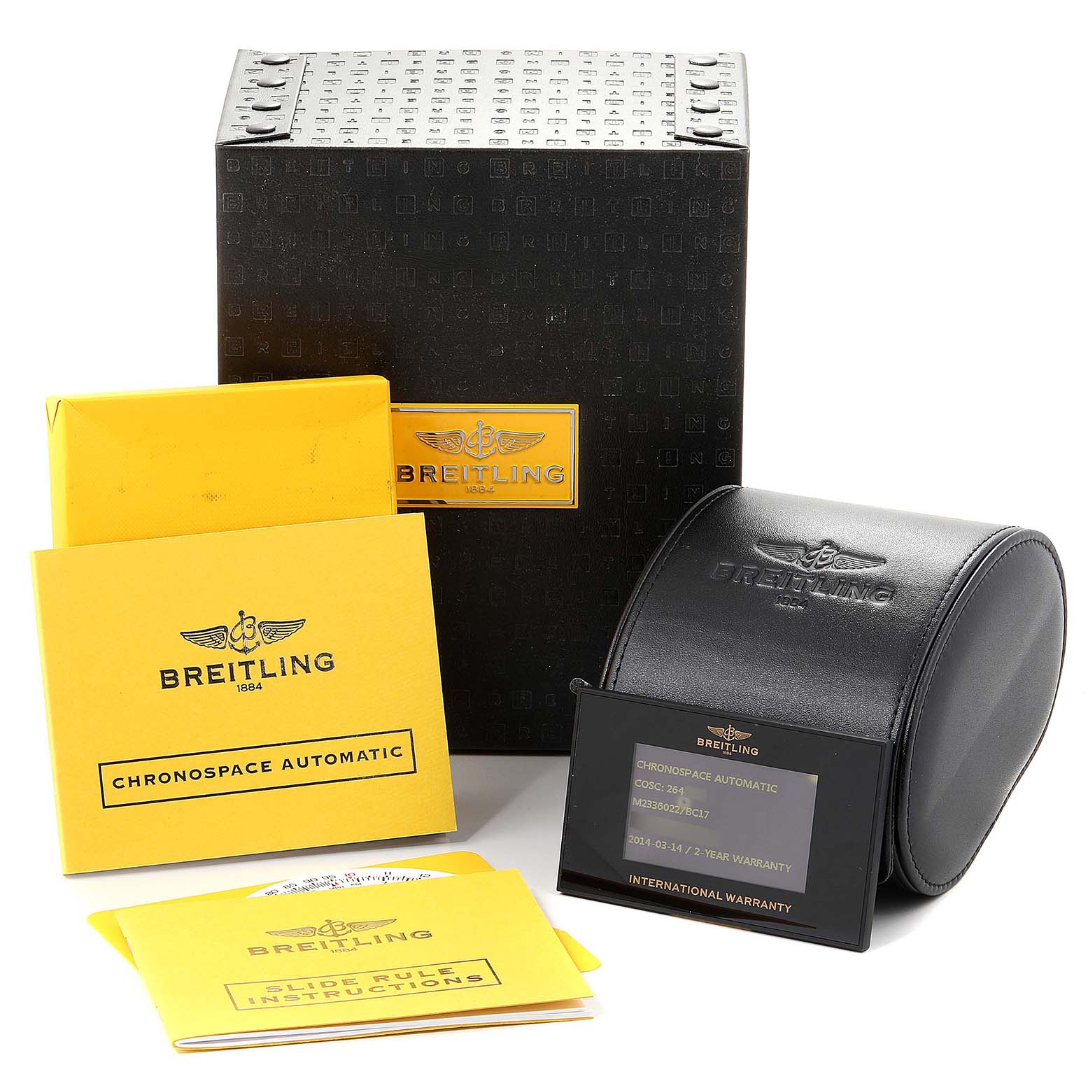 Angle shows Breitling Limited Series Chronospace Automatic model box, case, booklets, and warranty card.