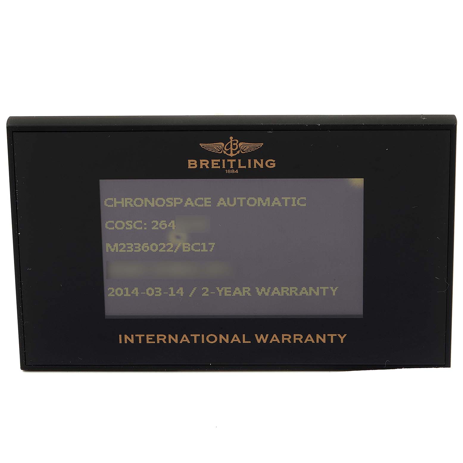 The image shows the warranty card for the Breitling Chronospace Automatic Limited Series watch.
