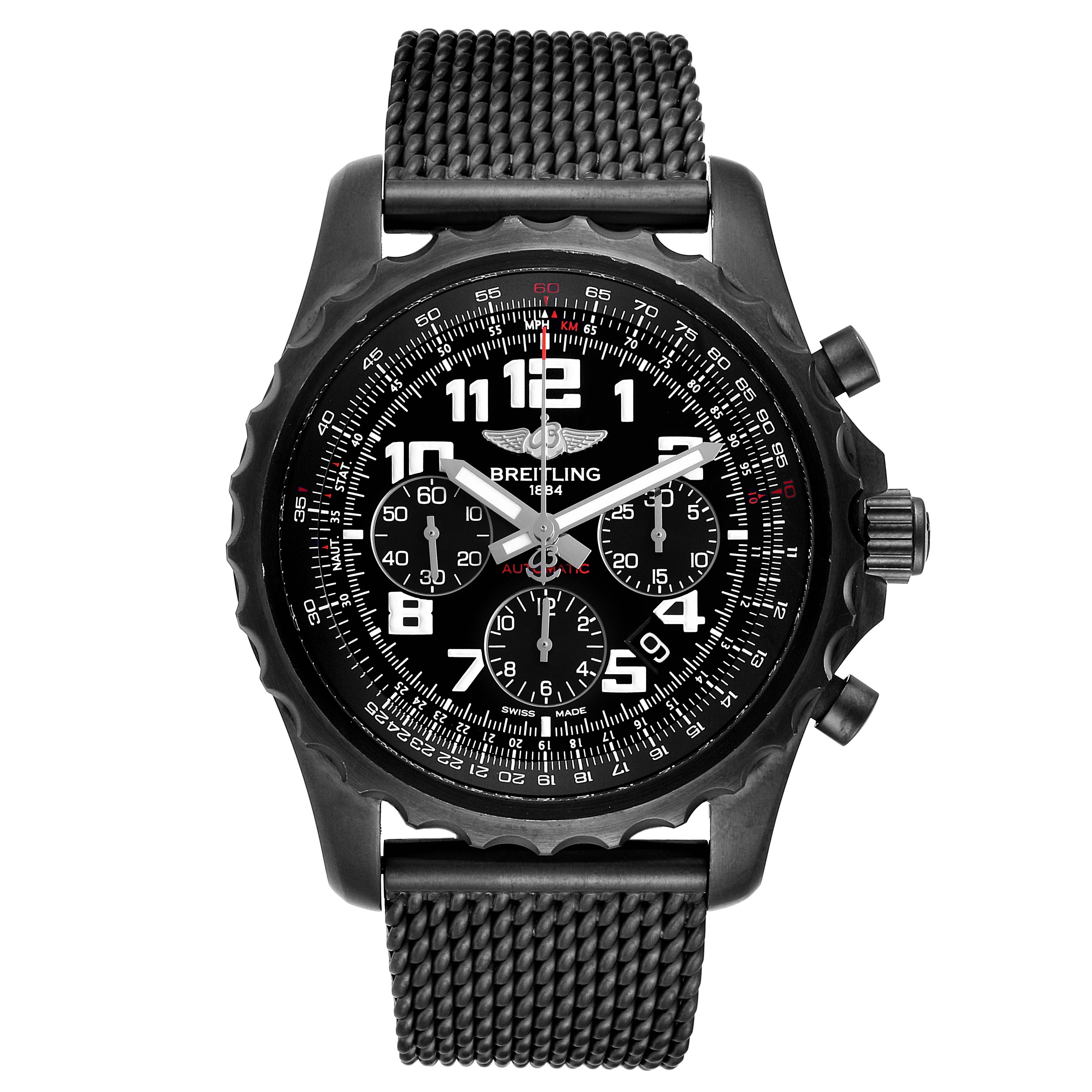 This image shows a front view of a Breitling Limited Series watch, displaying the dial, bezel, and mesh strap.