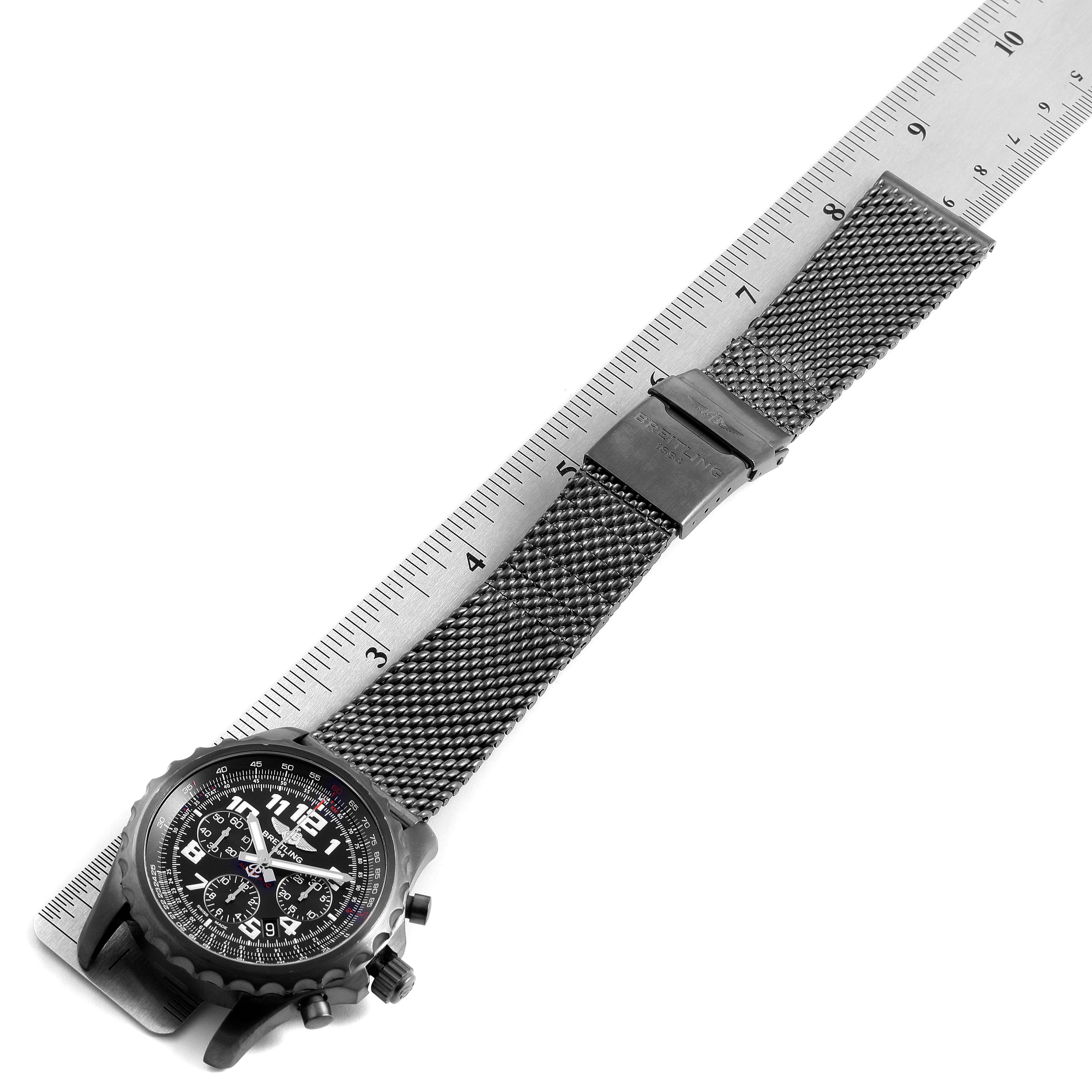 The image displays a Breitling Limited Series watch from a top view, showing the face, mesh band, clasp, and a ruler for scale.