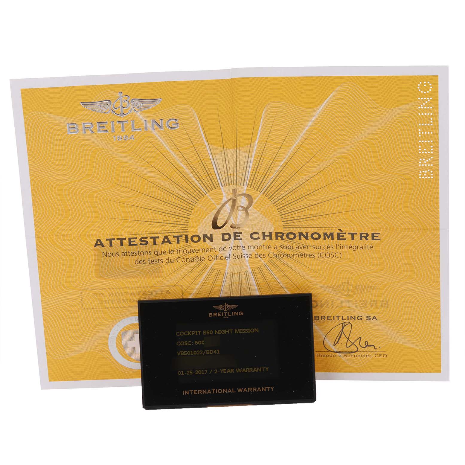 The image shows a Breitling Professional Series VB5010 Men's Titanium Black Dial VB5010 Men's Titanium Black Dial warranty card with a yellow attestation certificate.