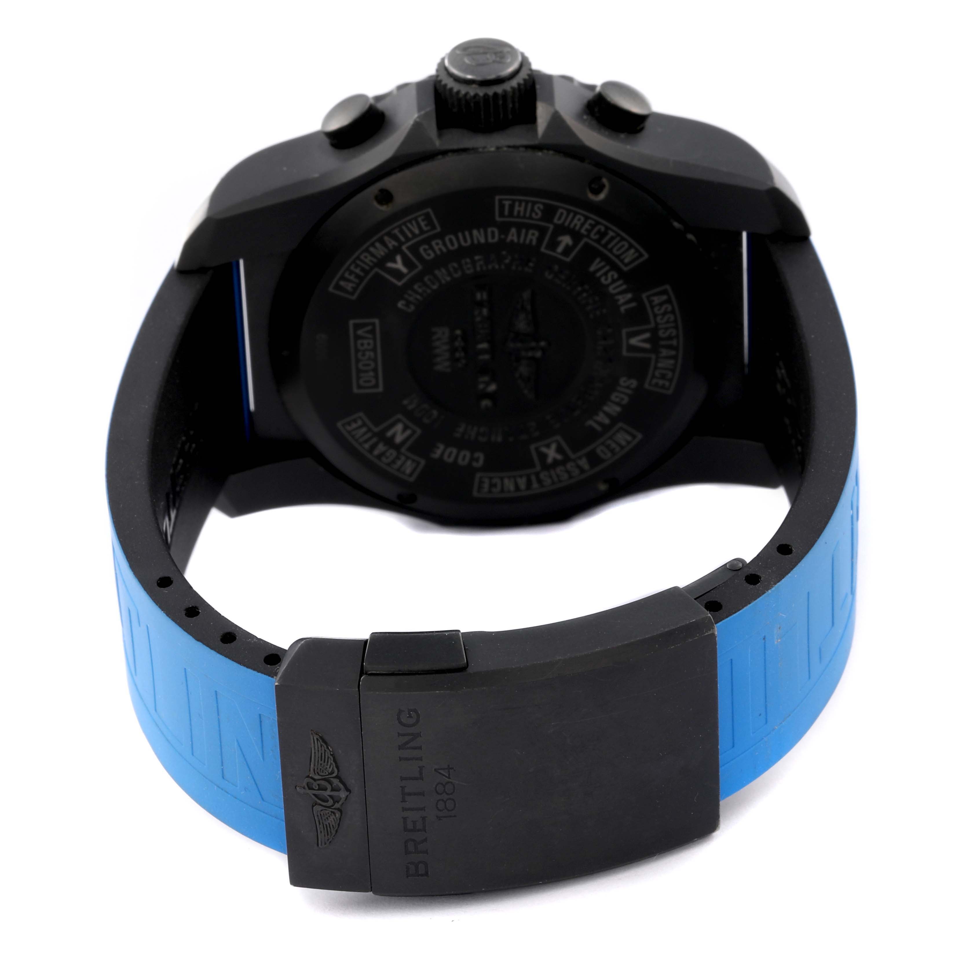 The image shows the back case and clasp of a Breitling Professional Series VB5010 Men's Titanium Black Dial VB5010 Men's Titanium Black Dial watch with a blue strap.