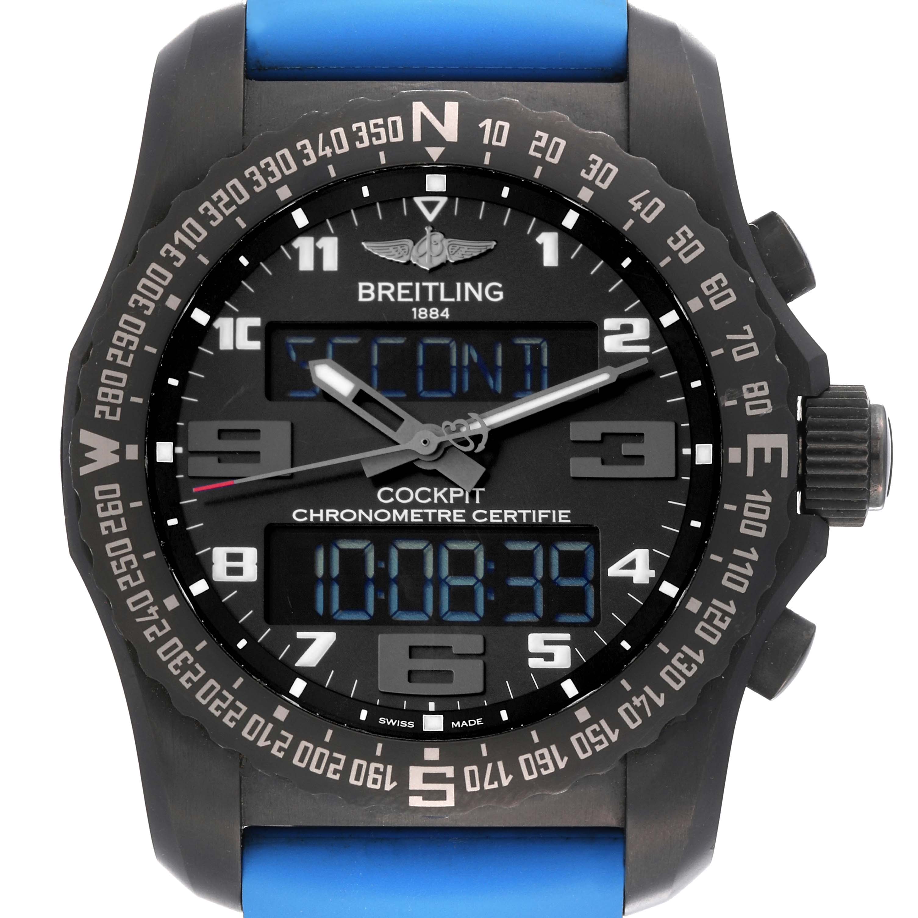 The Breitling Professional Series VB5010 Men's Titanium Black Dial VB5010 Men's Titanium Black Dial watch is shown from the front, displaying the face, bezel, and part of the strap.