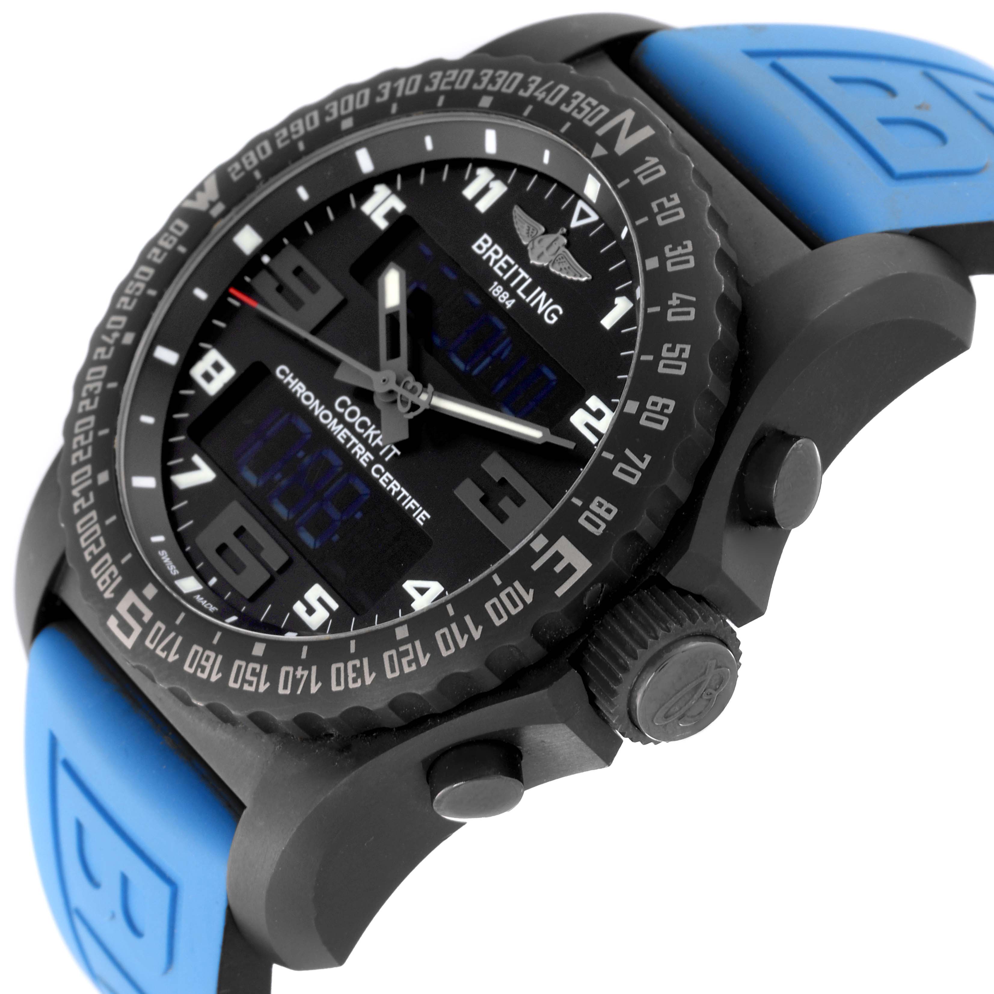 The Breitling Professional Series VB5010 Men's Titanium Black Dial VB5010 Men's Titanium Black Dial watch is shown at a front-angle, displaying the dial, bezel, crown, and part of the blue strap.