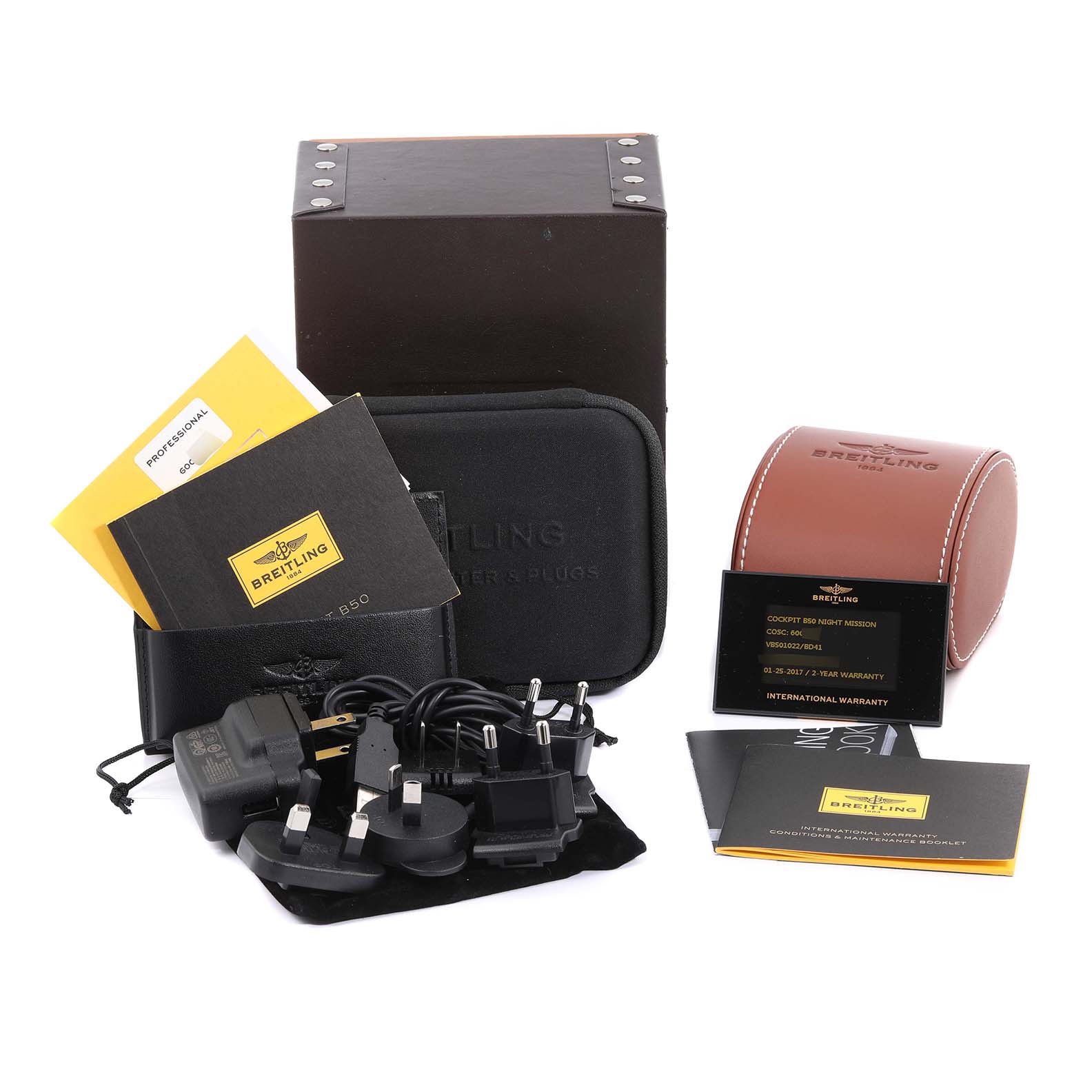 The image shows the Breitling Professional Series VB5010 Men's Titanium Black Dial VB5010 Men's Titanium Black Dial watch accessories, including boxes, manuals, warranty cards, and chargers.
