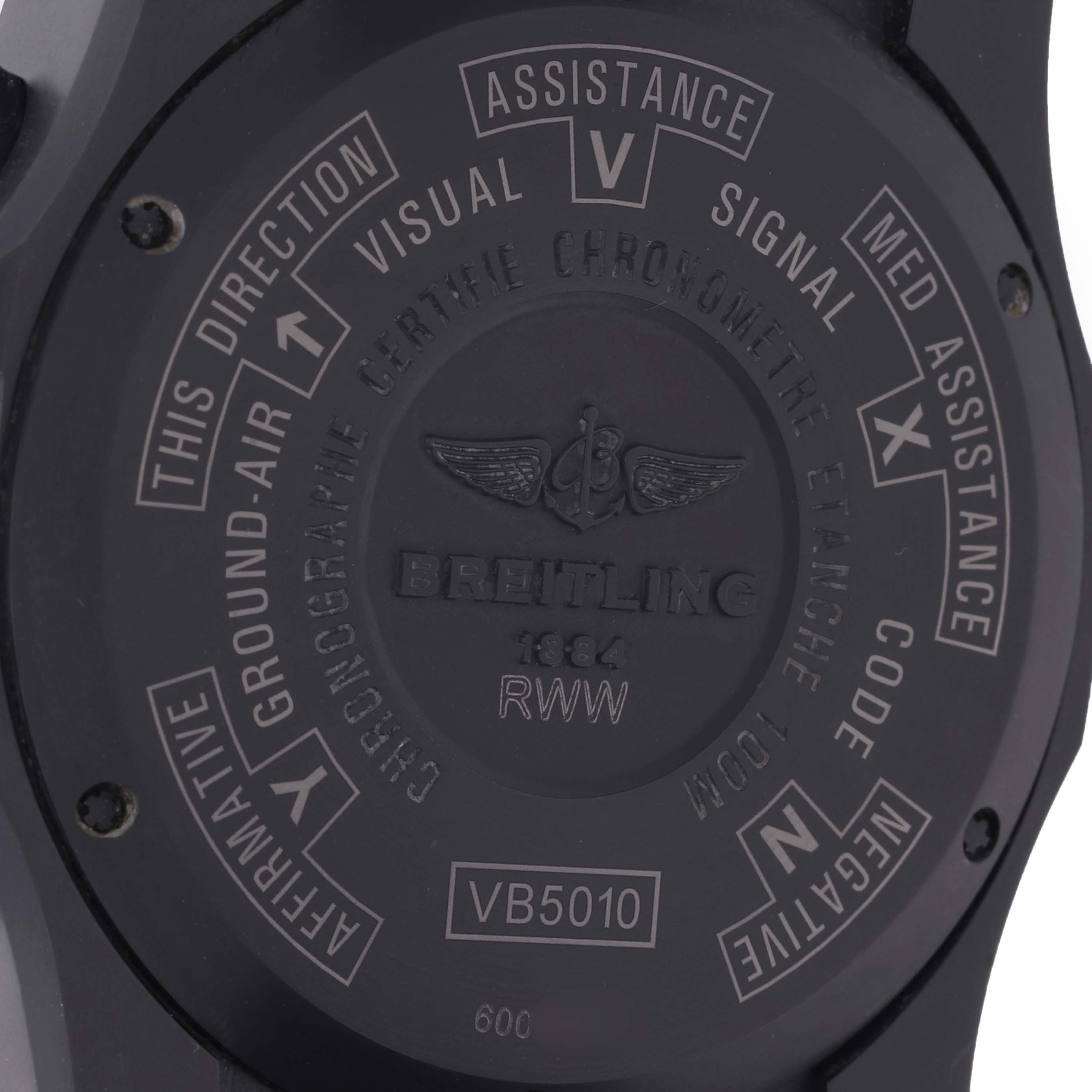 The image shows the back case of the Breitling Professional Series VB5010 Men's Titanium Black Dial VB5010 Men's Titanium Black Dial model, displaying engravings and model number VB5010.