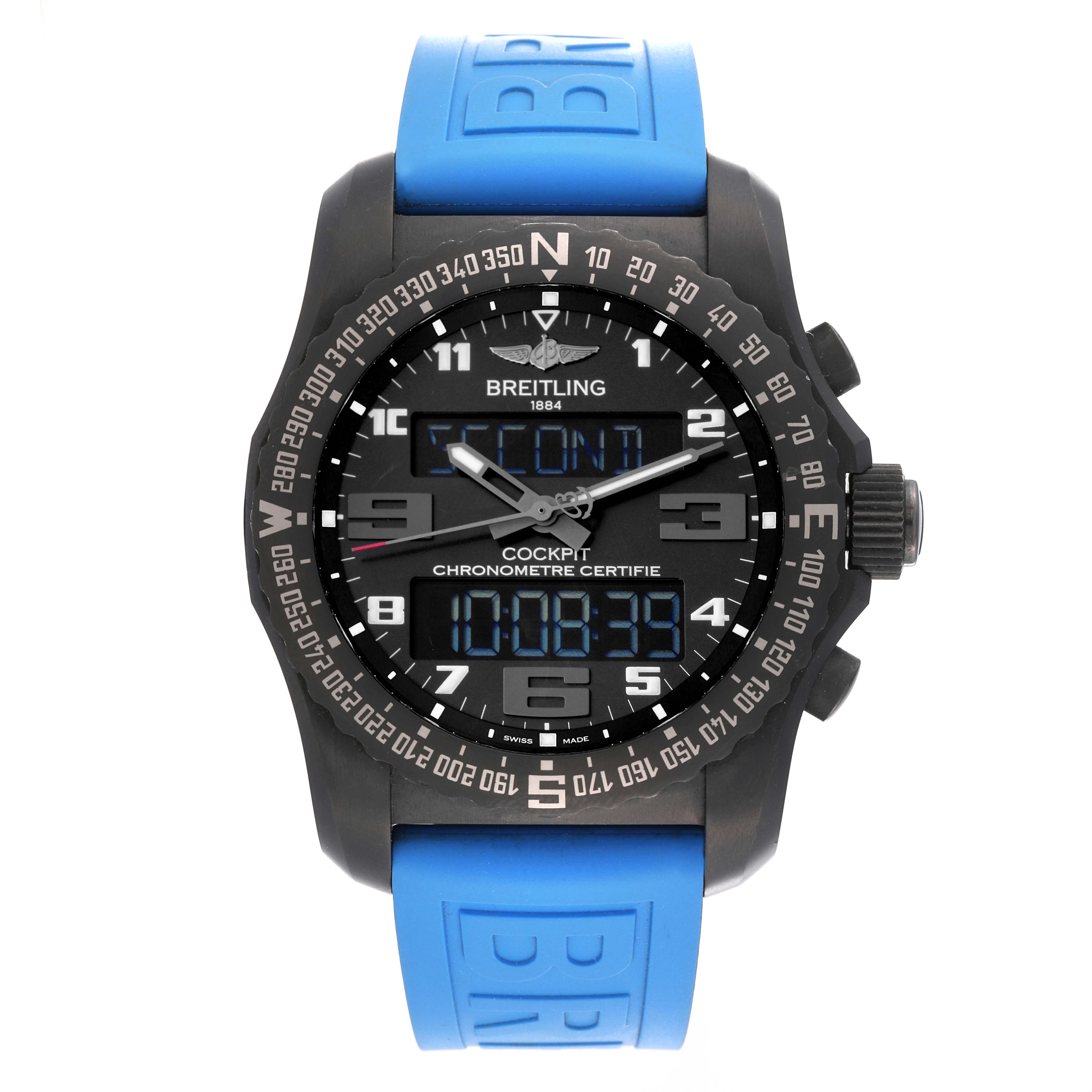 The Breitling Professional Series VB5010 Men's Titanium Black Dial VB5010 Men's Titanium Black Dial watch is shown from the front, displaying its dial, bezel, and blue strap.