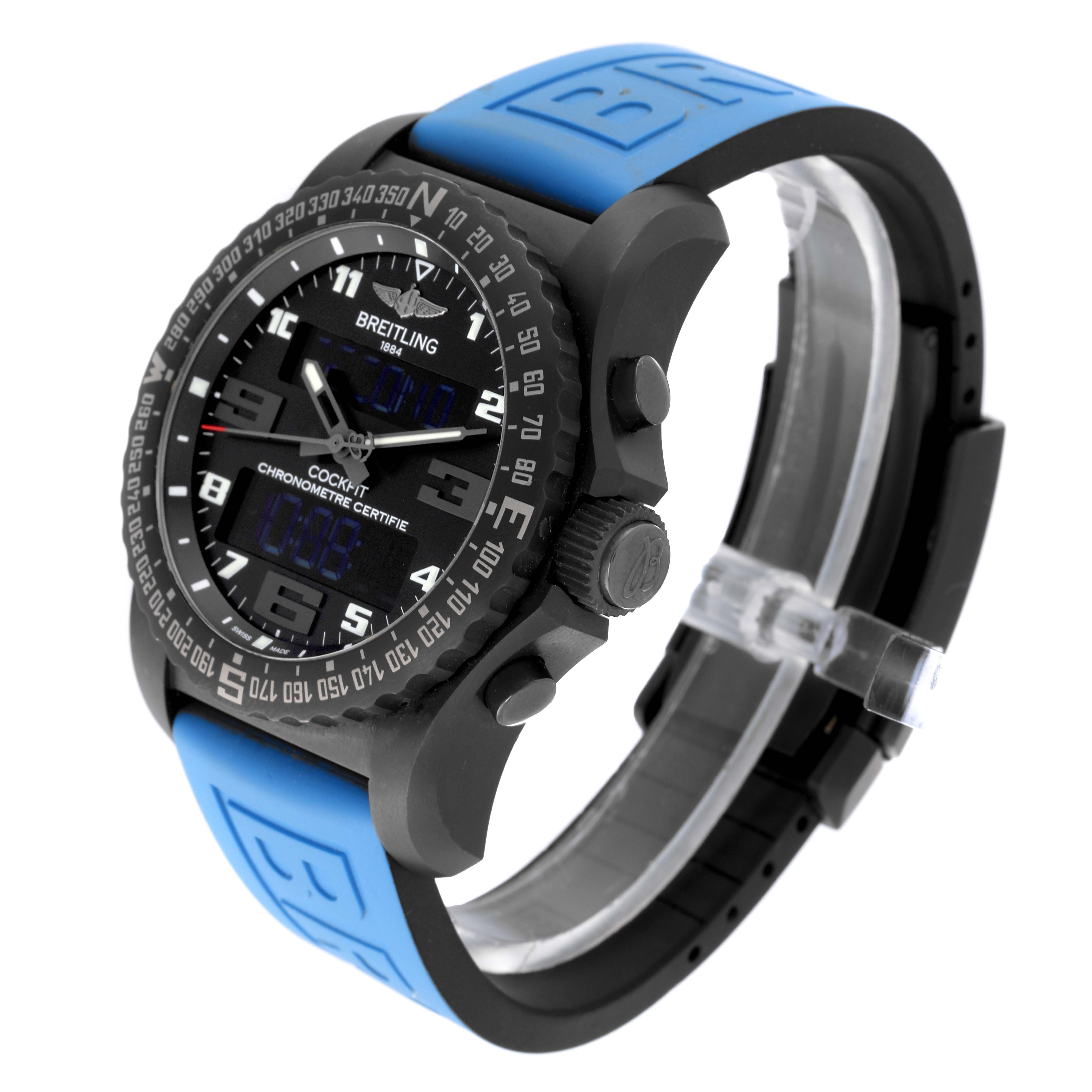 The Breitling Professional Series VB5010 Men's Titanium Black Dial VB5010 Men's Titanium Black Dial watch is shown at a three-quarter angle, highlighting the face, bezel, and blue strap.