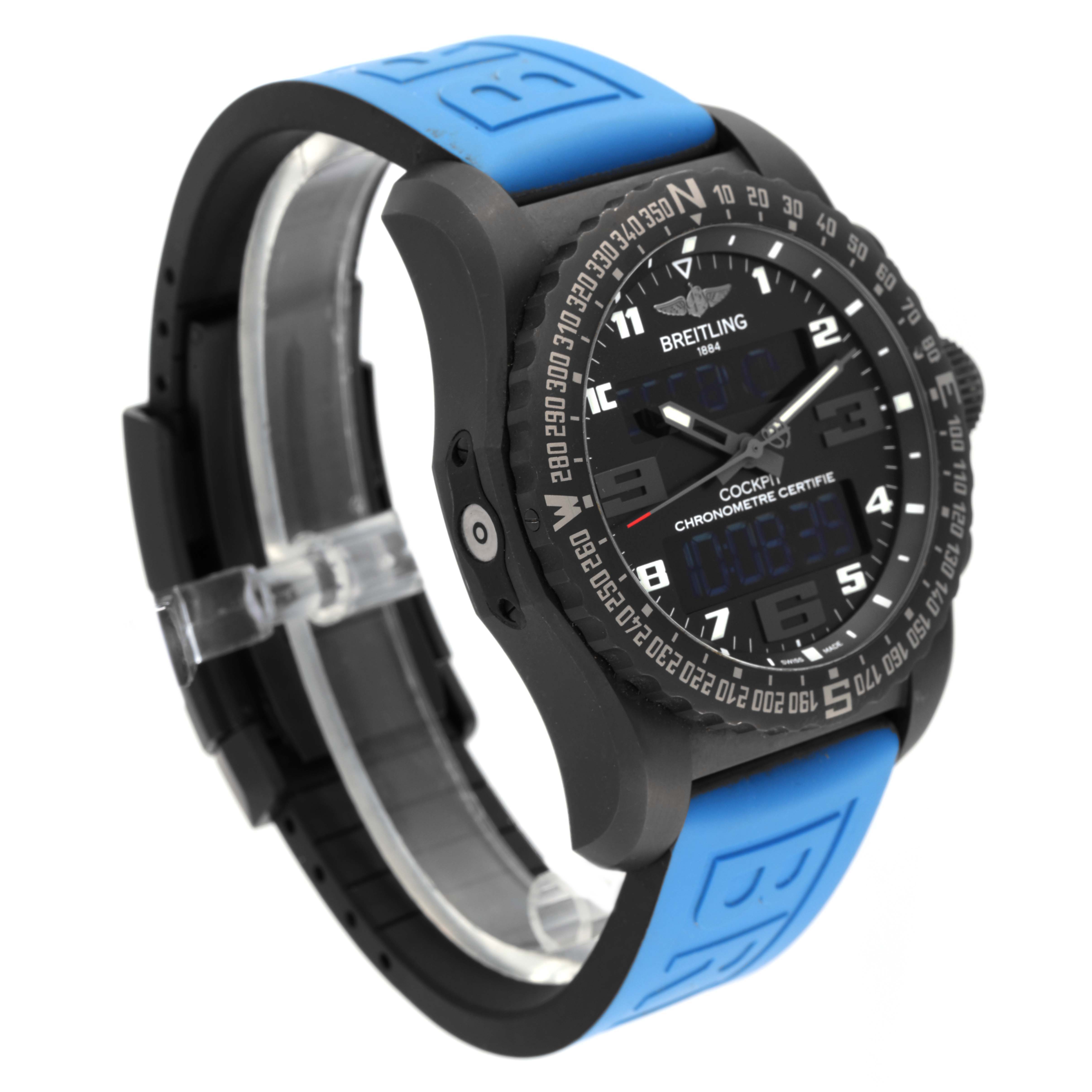 The Breitling Professional Series VB5010 Men's Titanium Black Dial VB5010 Men's Titanium Black Dial watch is shown at a side angle, highlighting the black case, blue strap, and dial details.