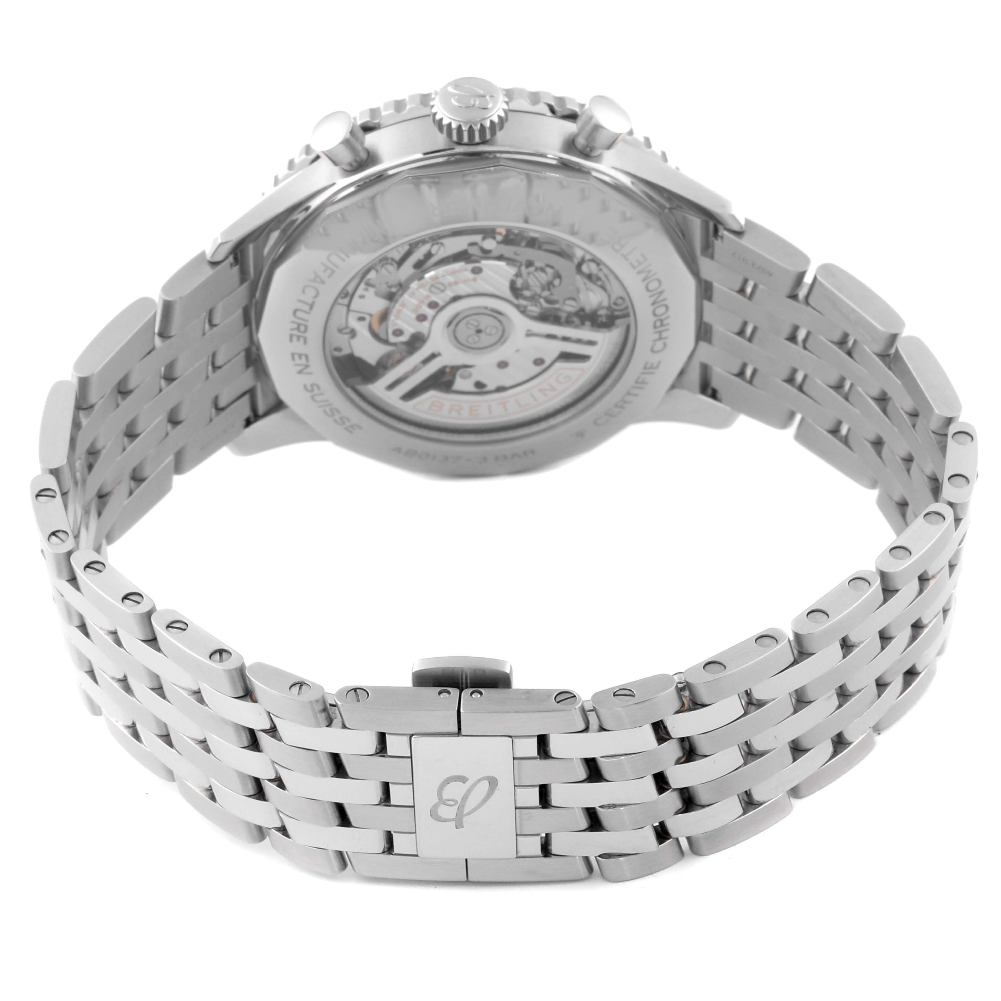 The image shows the back of the Breitling Navitimer AB0137 Men
s Stainless Steel Blue Dial AB0137 Men
s Stainless Steel Blue Dial, featuring the exhibition case back and metal bracelet with clasp.