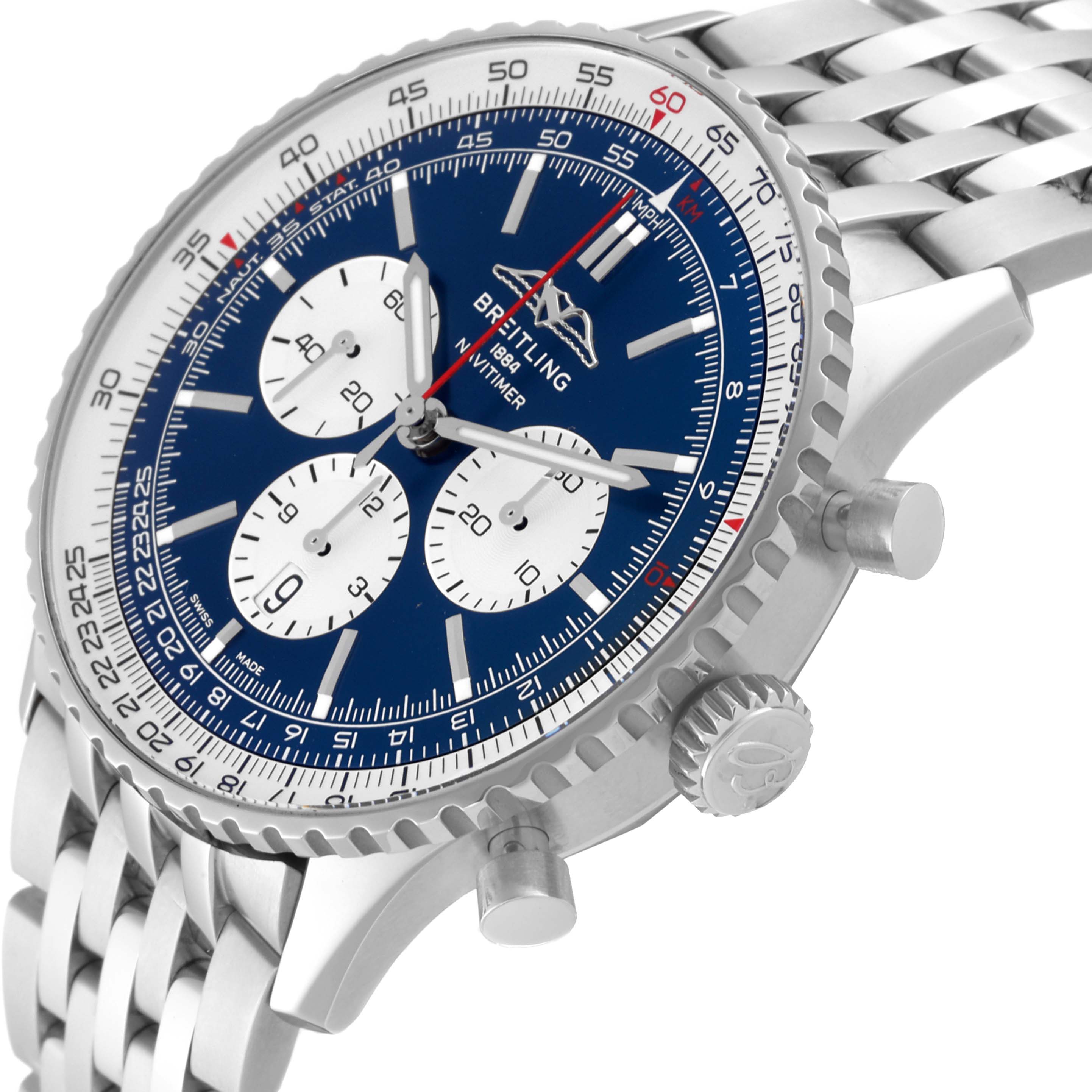 The image shows the Breitling Navitimer AB0137 Men
s Stainless Steel Blue Dial AB0137 Men
s Stainless Steel Blue Dial at a slight side angle, featuring the bezel, crown, chronograph pushers, and bracelet.