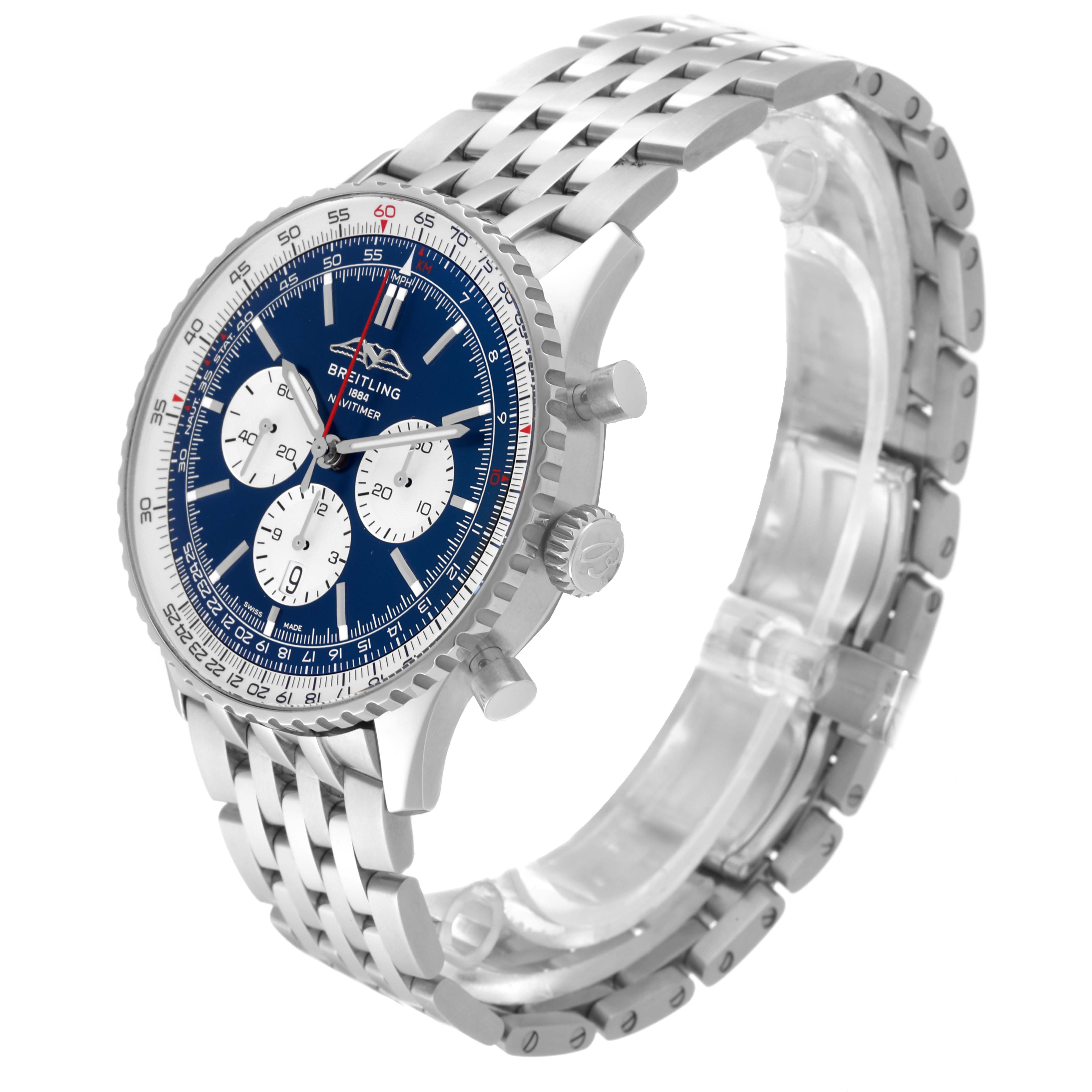 The Breitling Navitimer AB0137 Men
s Stainless Steel Blue Dial AB0137 Men
s Stainless Steel Blue Dial watch is shown at a three-quarter angle, highlighting the face, bezel, crown, and metal bracelet.