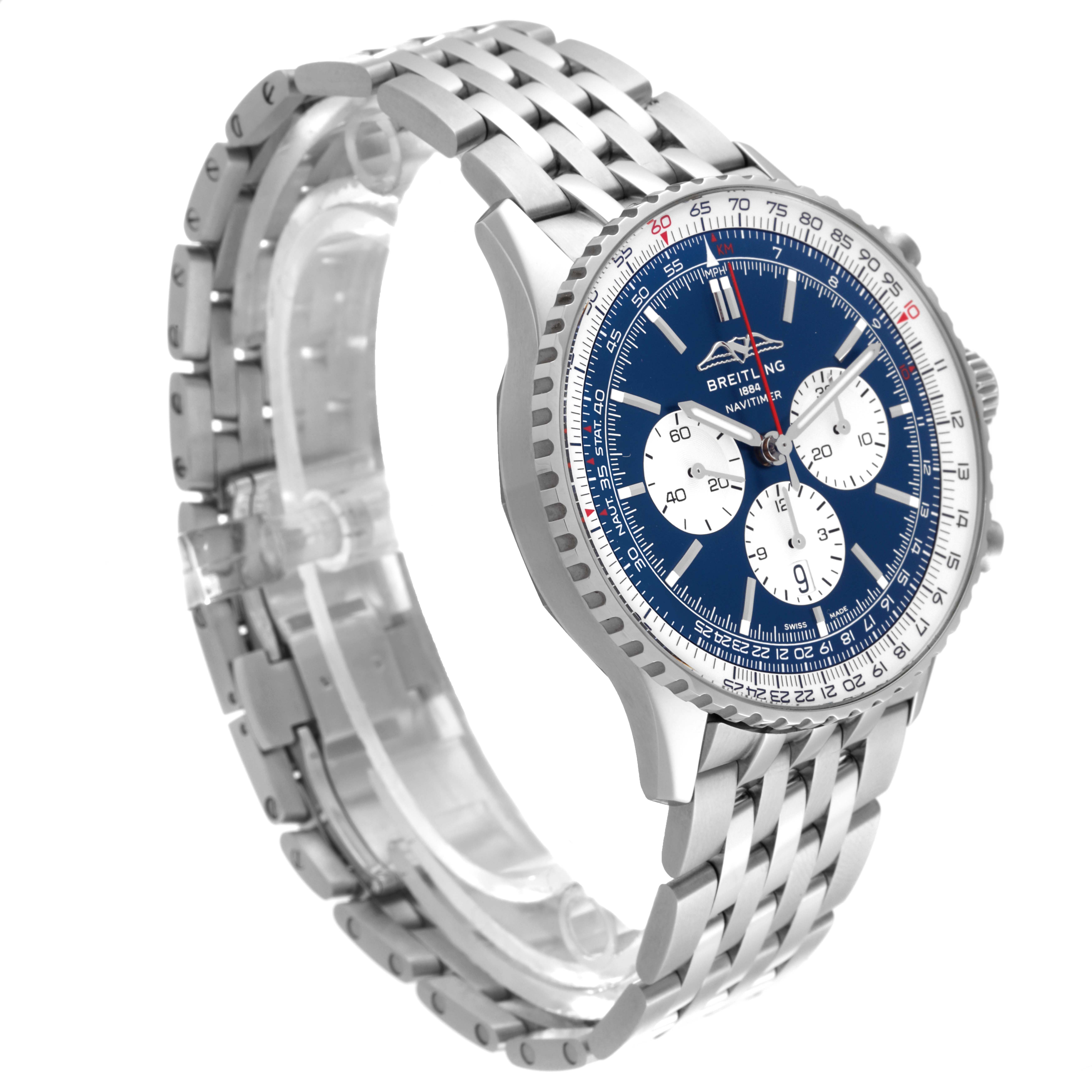 The Breitling Navitimer AB0137 Men
s Stainless Steel Blue Dial AB0137 Men
s Stainless Steel Blue Dial watch is shown from a three-quarter angle, highlighting the blue dial, bezel, and stainless steel bracelet.