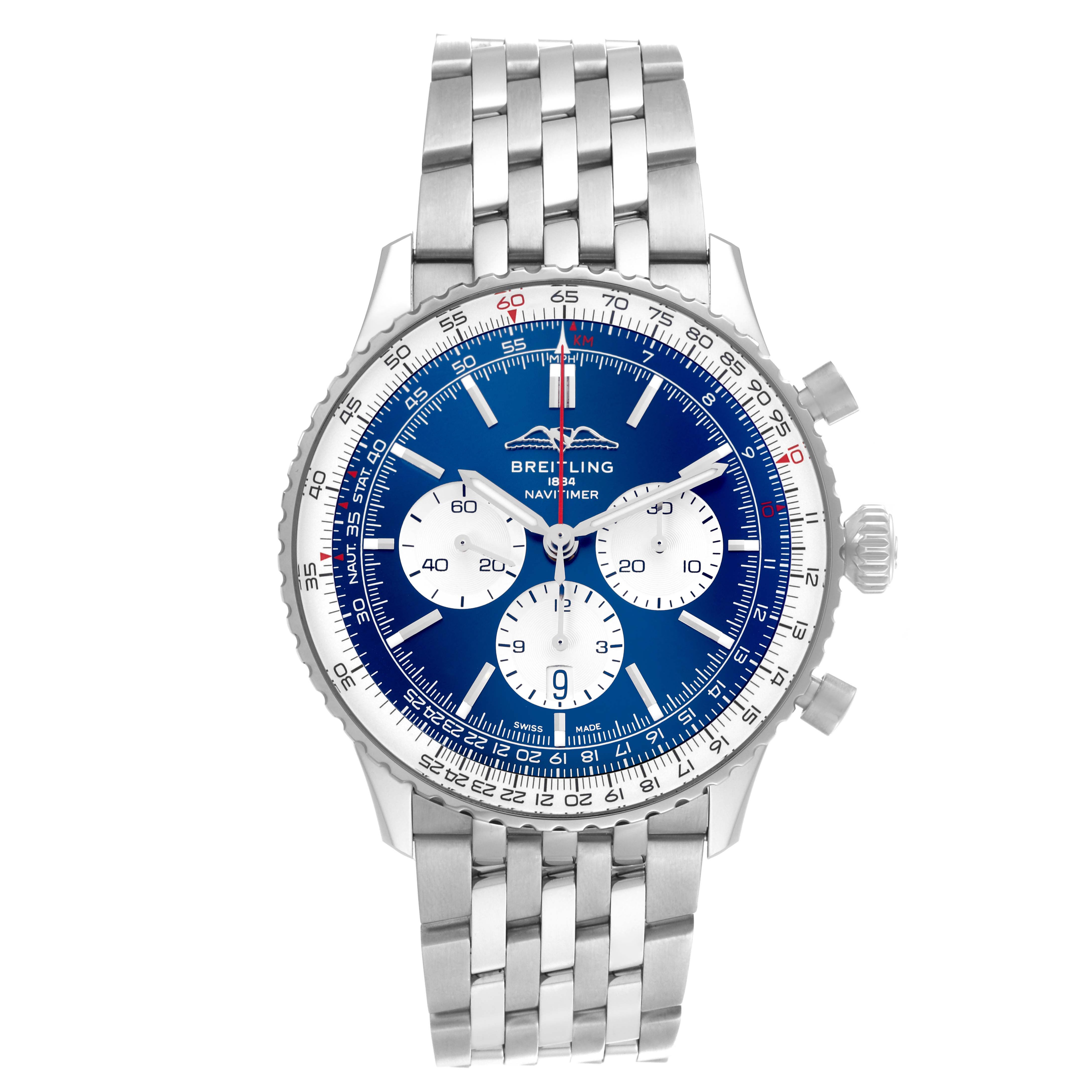 The Breitling Navitimer AB0137 Men
s Stainless Steel Blue Dial AB0137 Men
s Stainless Steel Blue Dial watch is shown front-facing, displaying its bezel, dial, subdials, and metal bracelet.