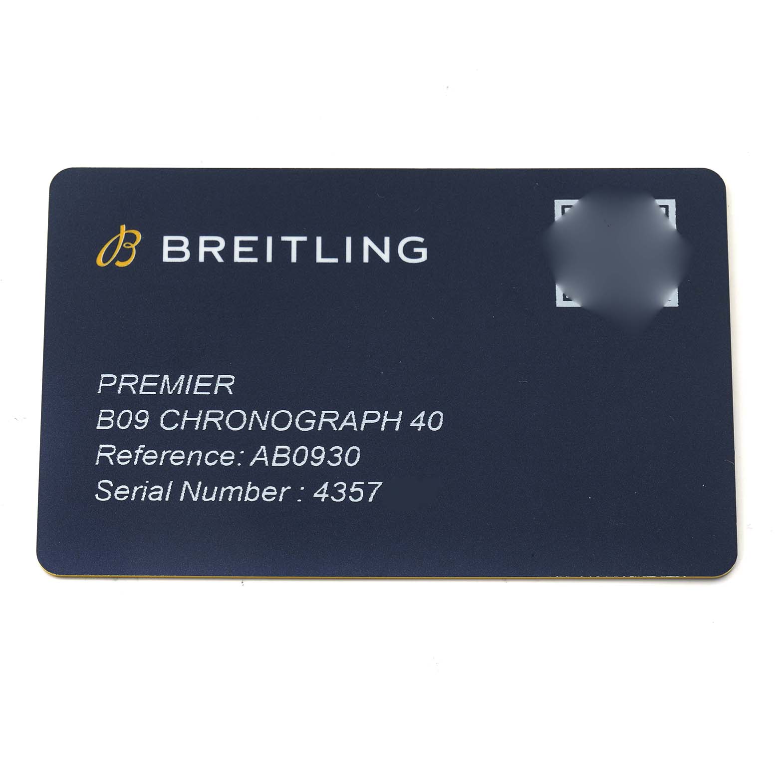 The image shows an identification card for the Breitling Premier AB0930 Men
s Stainless Steel Green Dial B09 Chronograph 40, displaying reference and serial numbers.