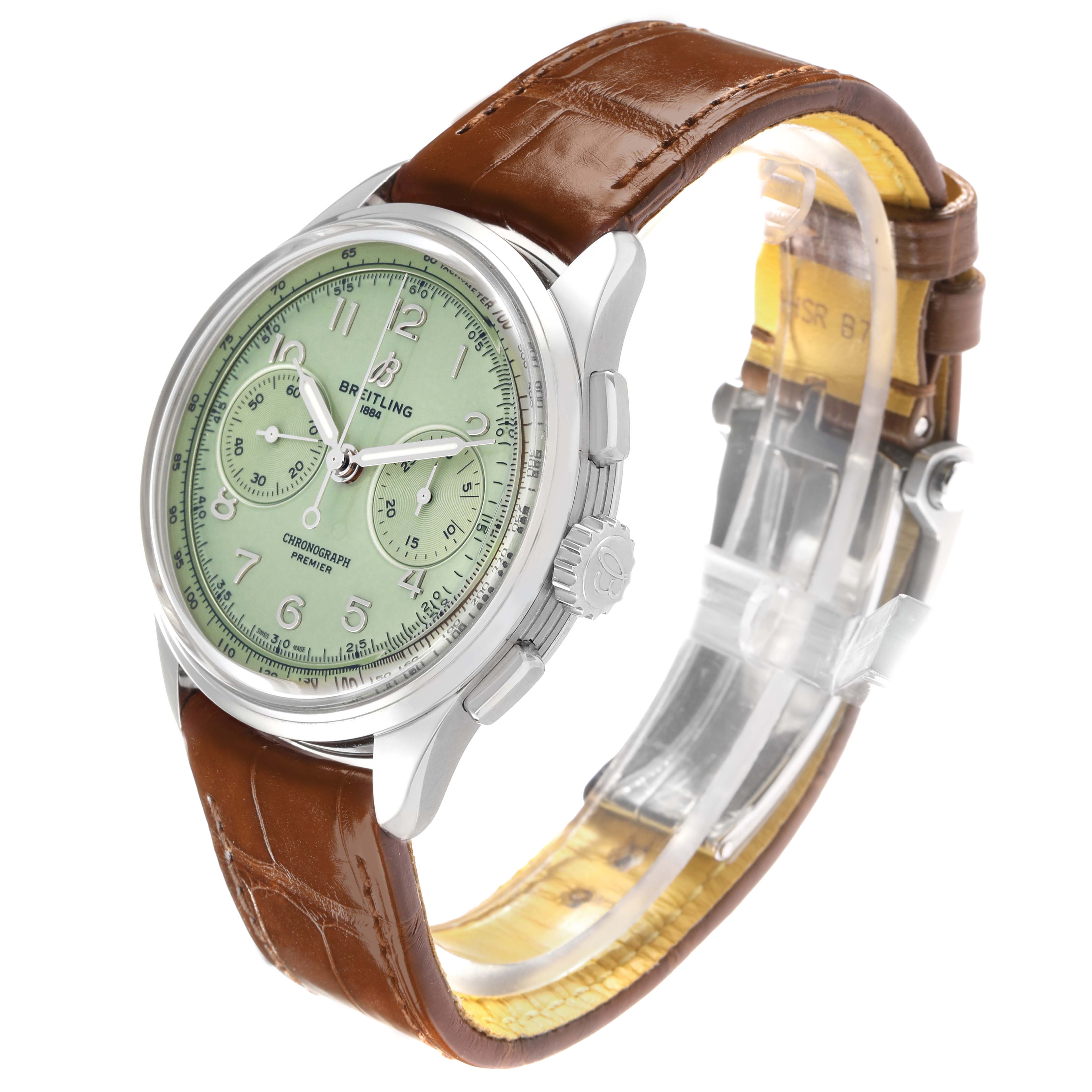 The Breitling Premier AB0930 Men
s Stainless Steel Green Dial watch is shown at a three-quarter angle, displaying its green dial, chronograph features, and brown leather strap.