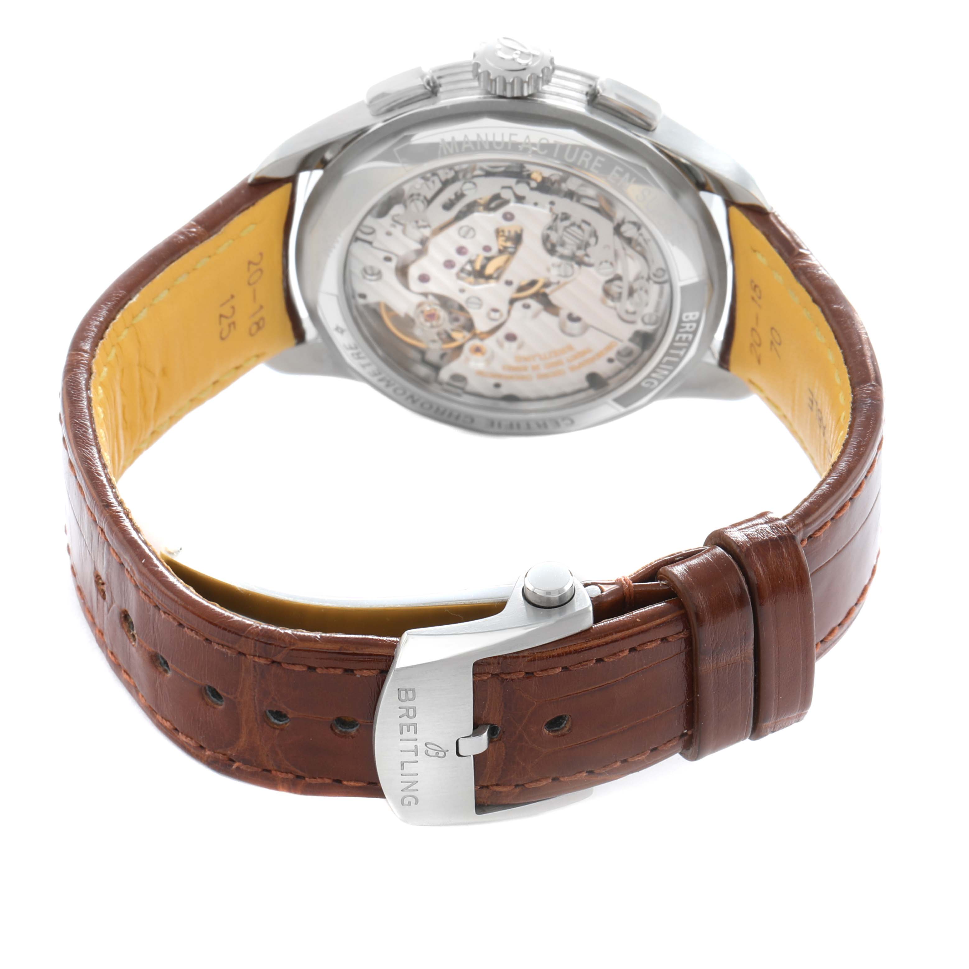 The Breitling Premier AB0930 Men
s Stainless Steel Green Dial watch is shown from the back, highlighting the transparent case back and leather strap with buckle.