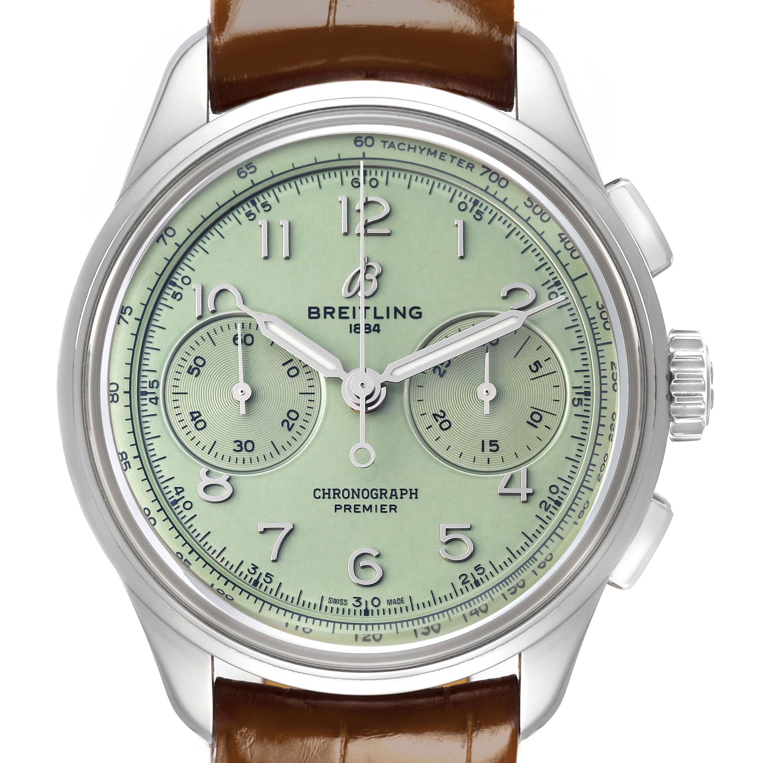 The Breitling Premier AB0930 Men
s Stainless Steel Green Dial watch is shown from a front angle, highlighting the dial, subdials, and brown leather strap.