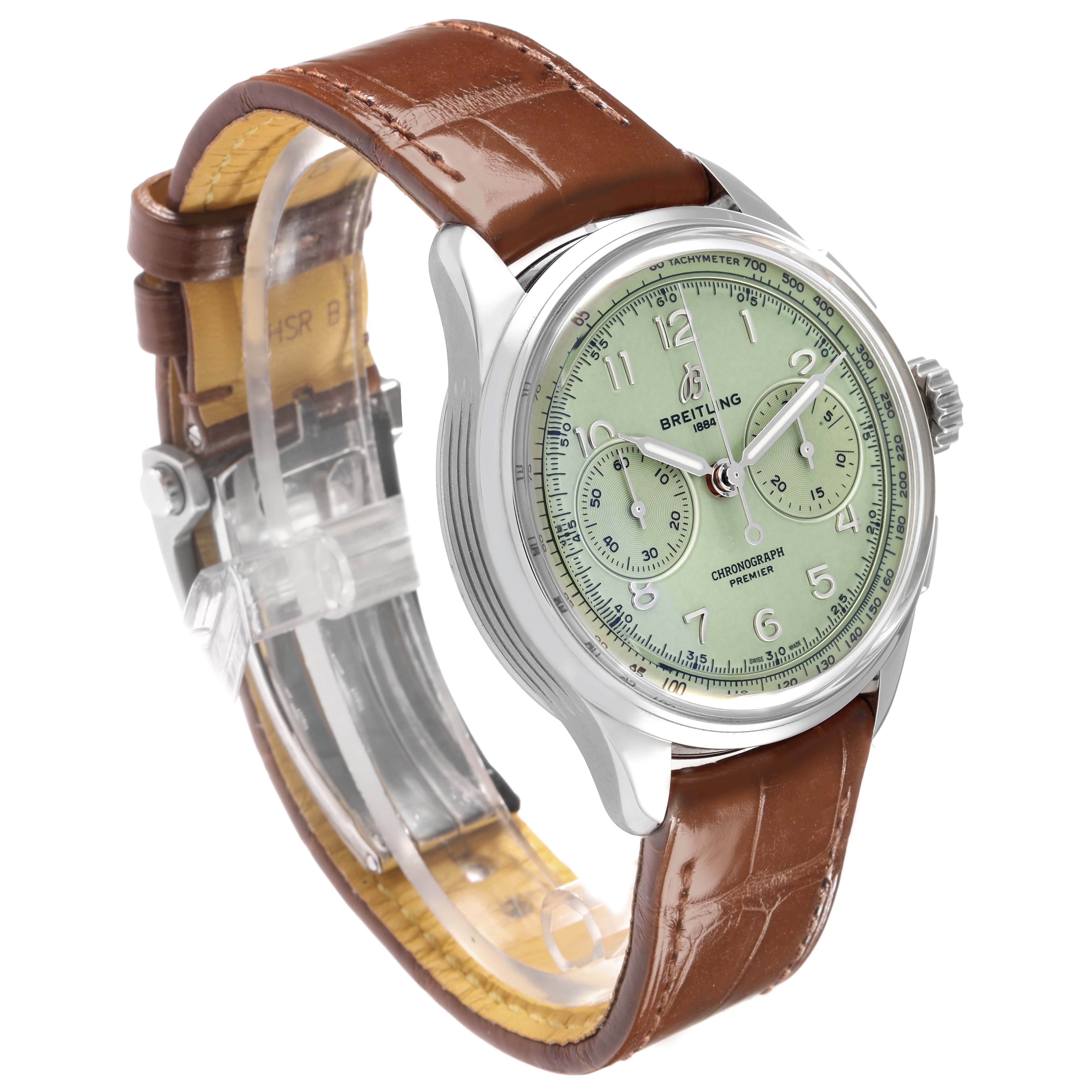 The Breitling Premier AB0930 Men
s Stainless Steel Green Dial watch is shown at a slight angle, highlighting the green dial, brown leather strap, and side profile.