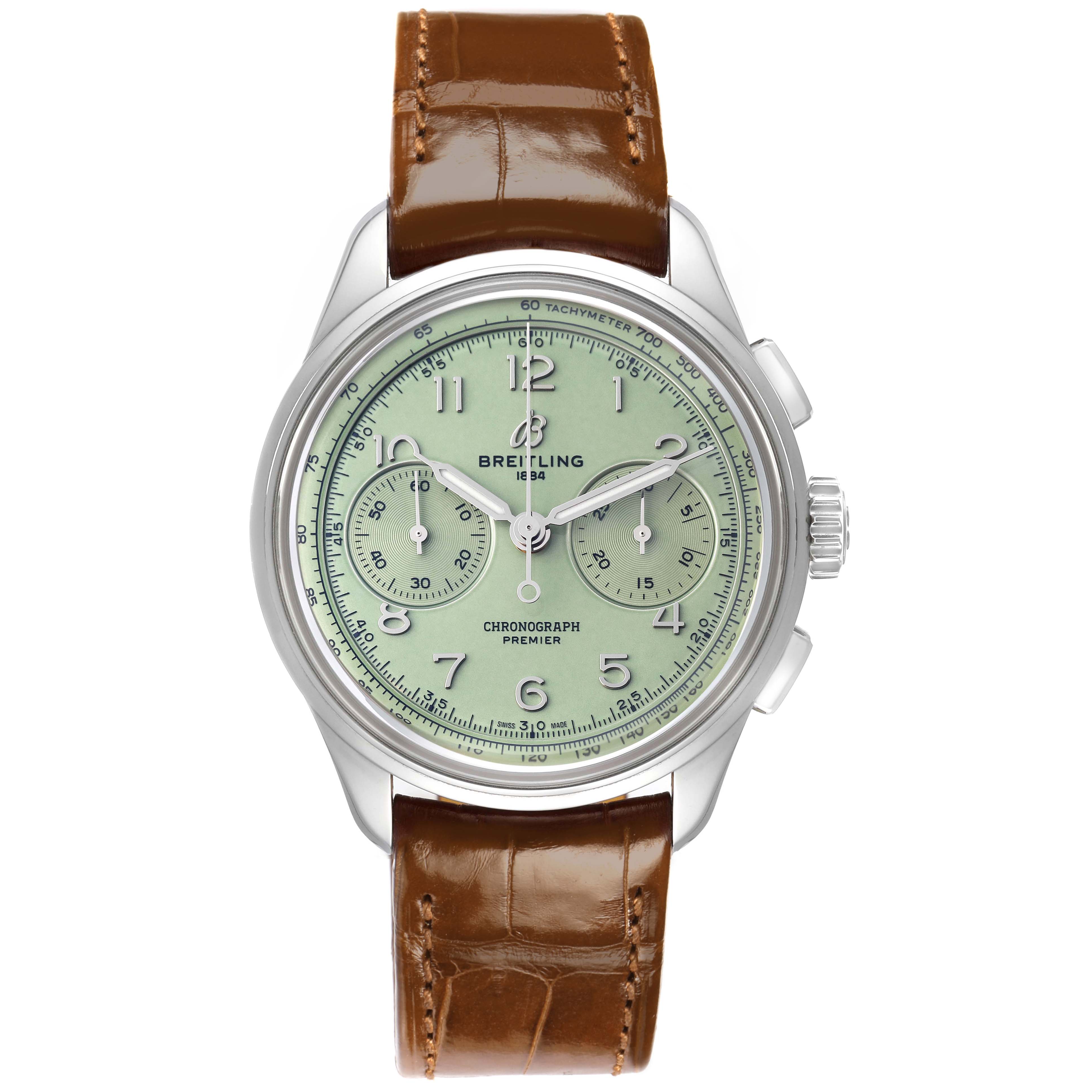 The Breitling Premier AB0930 Men
s Stainless Steel Green Dial watch is shown from a front angle, displaying the face, case, crown, and leather strap.