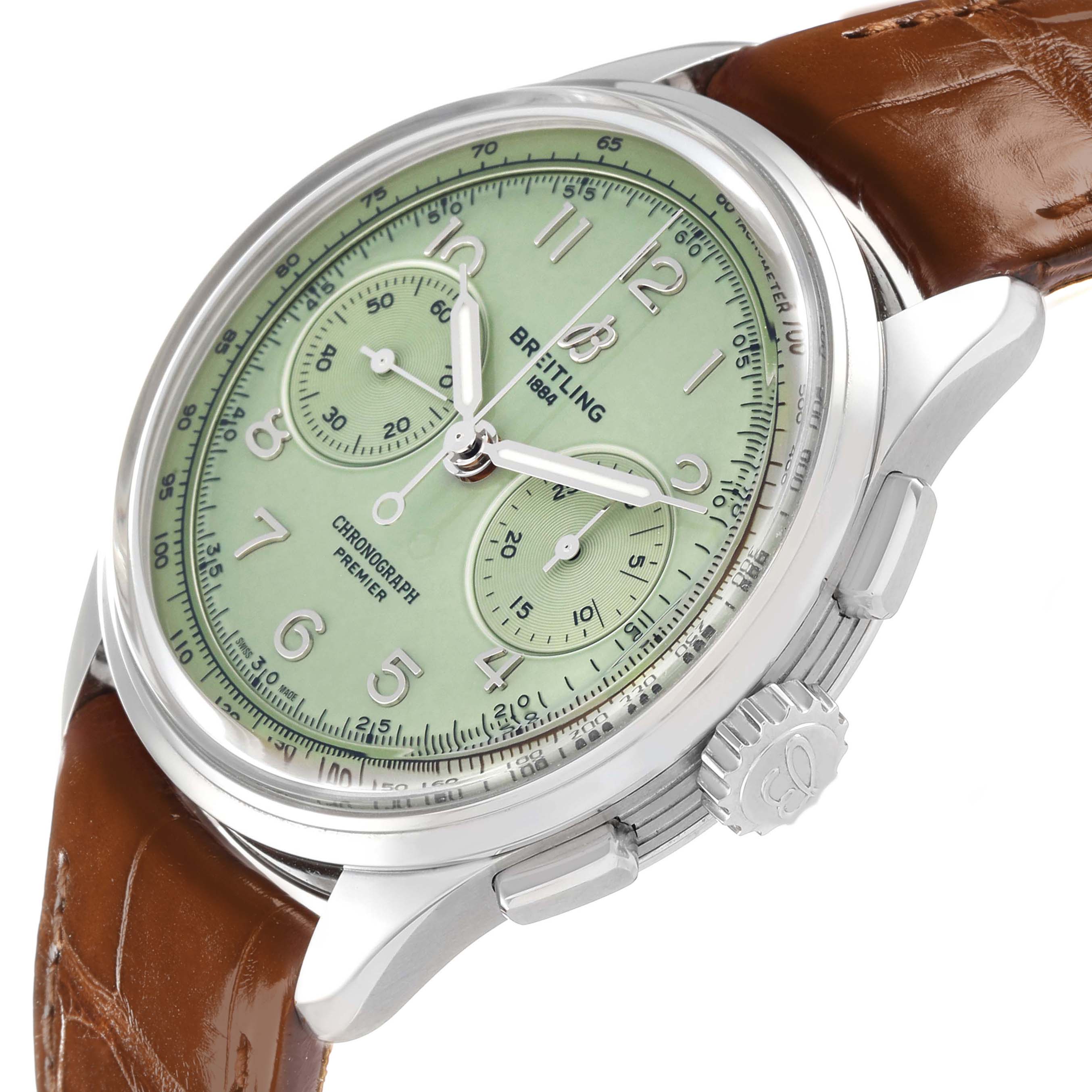 The Breitling Premier AB0930 Men
s Stainless Steel Green Dial watch is shown at an angled side view, highlighting its green dial, chronograph function, and brown leather strap.