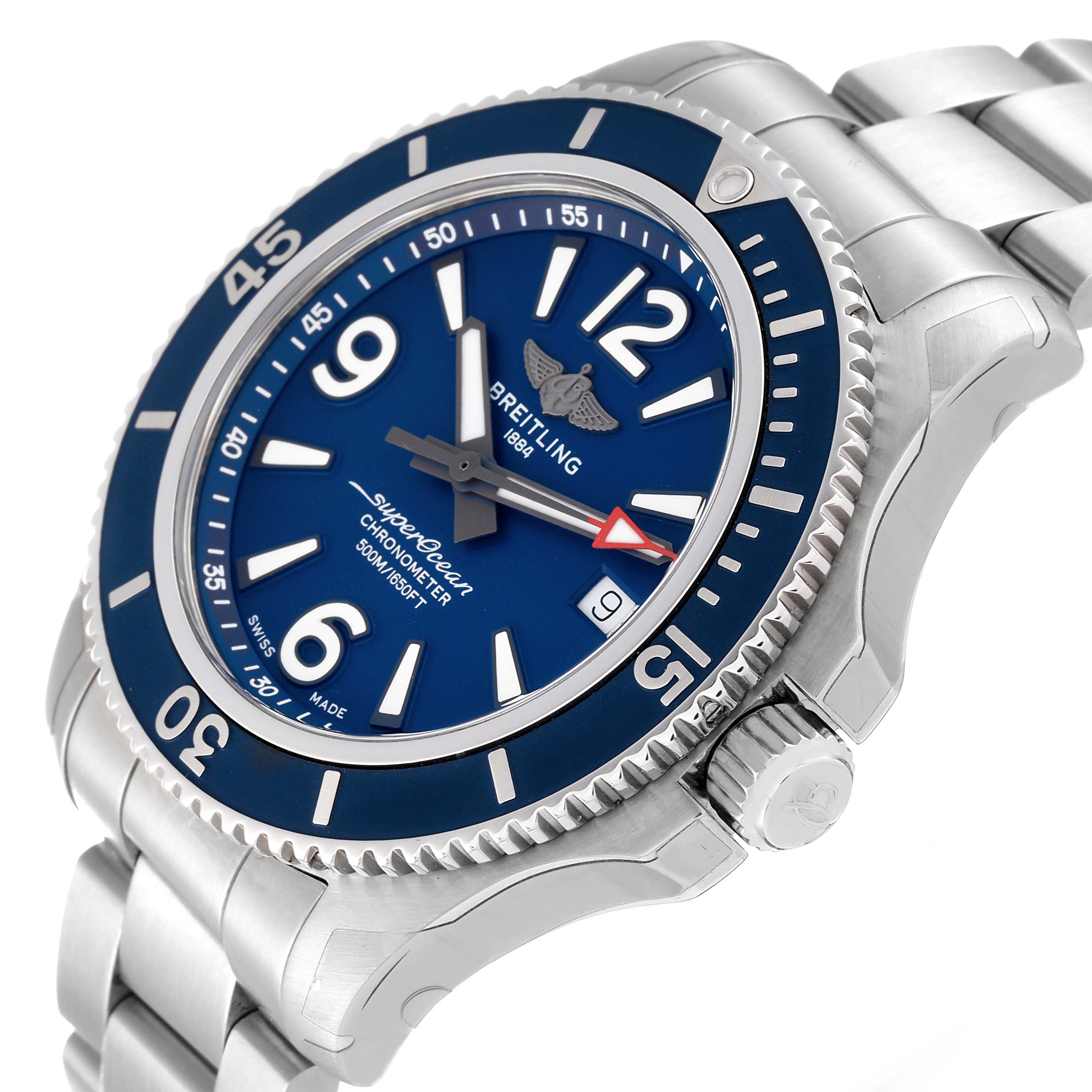 The image shows a side and front angle of a Breitling Superocean A17366 Men's Stainless Steel Blue Dial A17366 Men's Stainless Steel Blue Dial watch, displaying its face, bezel, crown, and partial bracelet.