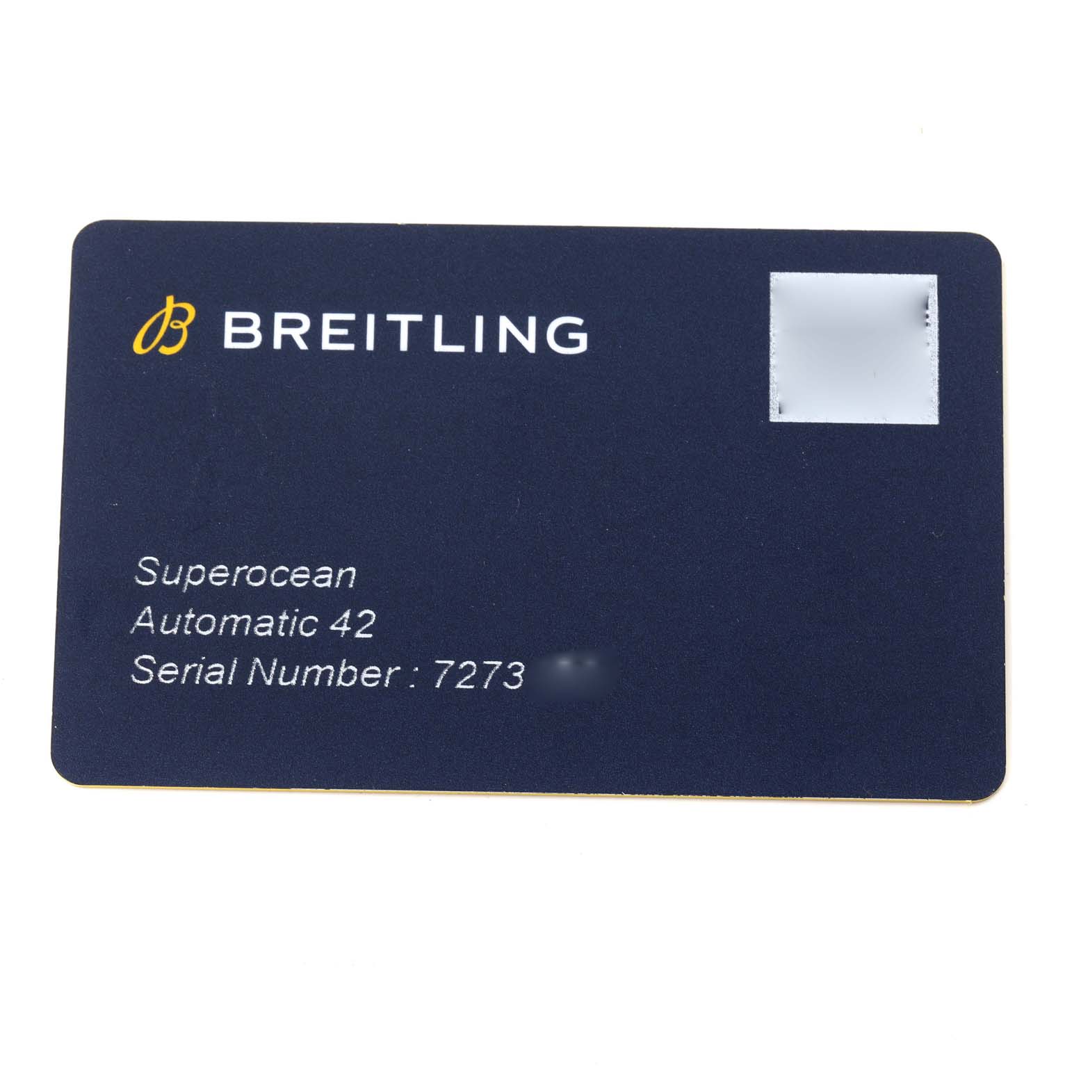 The image shows a warranty or authentication card for a Breitling Superocean A17366 Men's Stainless Steel Blue Dial A17366 Men's Stainless Steel Blue Dial Automatic 42 with a serial number visible.