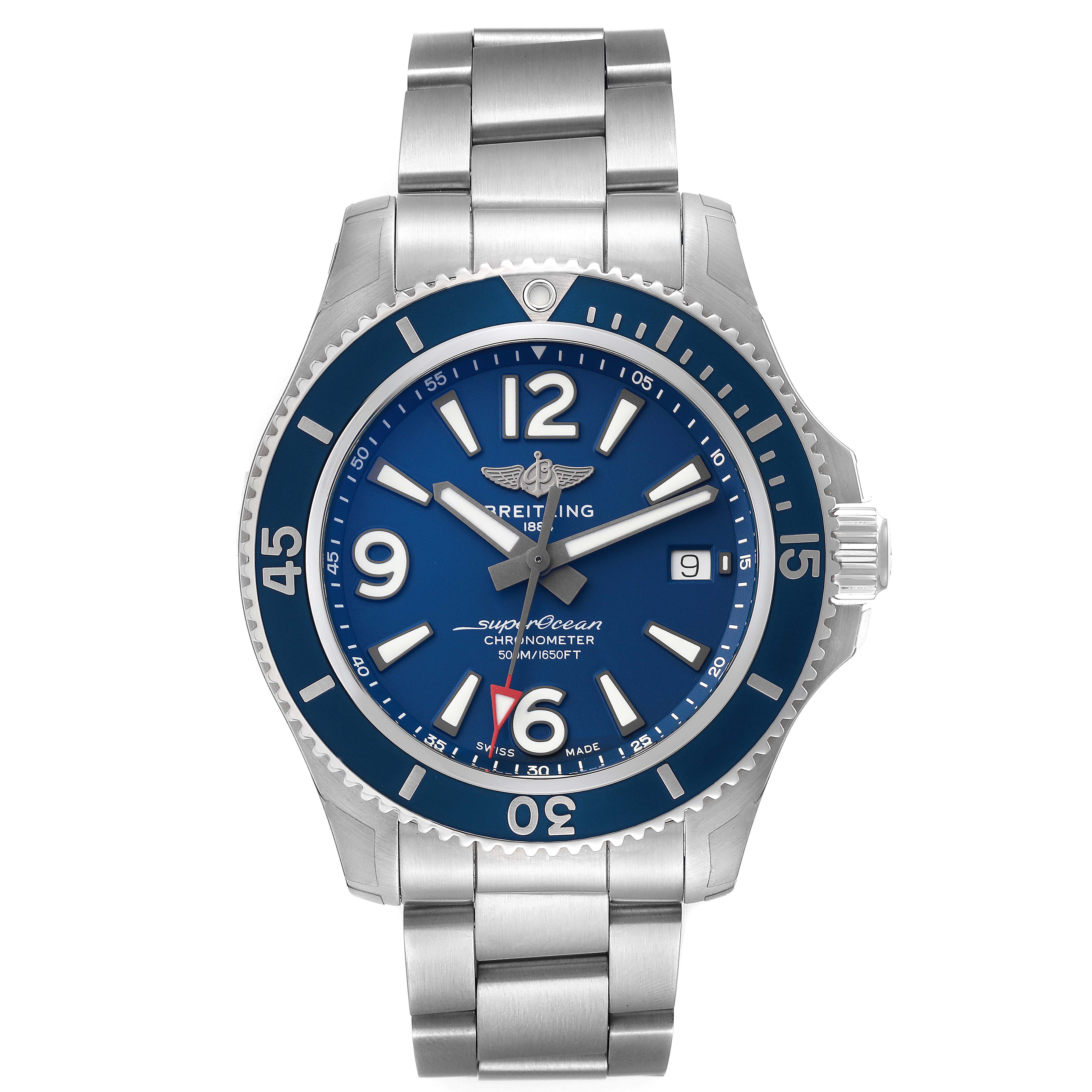 The image shows a Breitling Superocean A17366 Men's Stainless Steel Blue Dial A17366 Men's Stainless Steel Blue Dial watch from the front, highlighting its face, bezel, and metal bracelet.