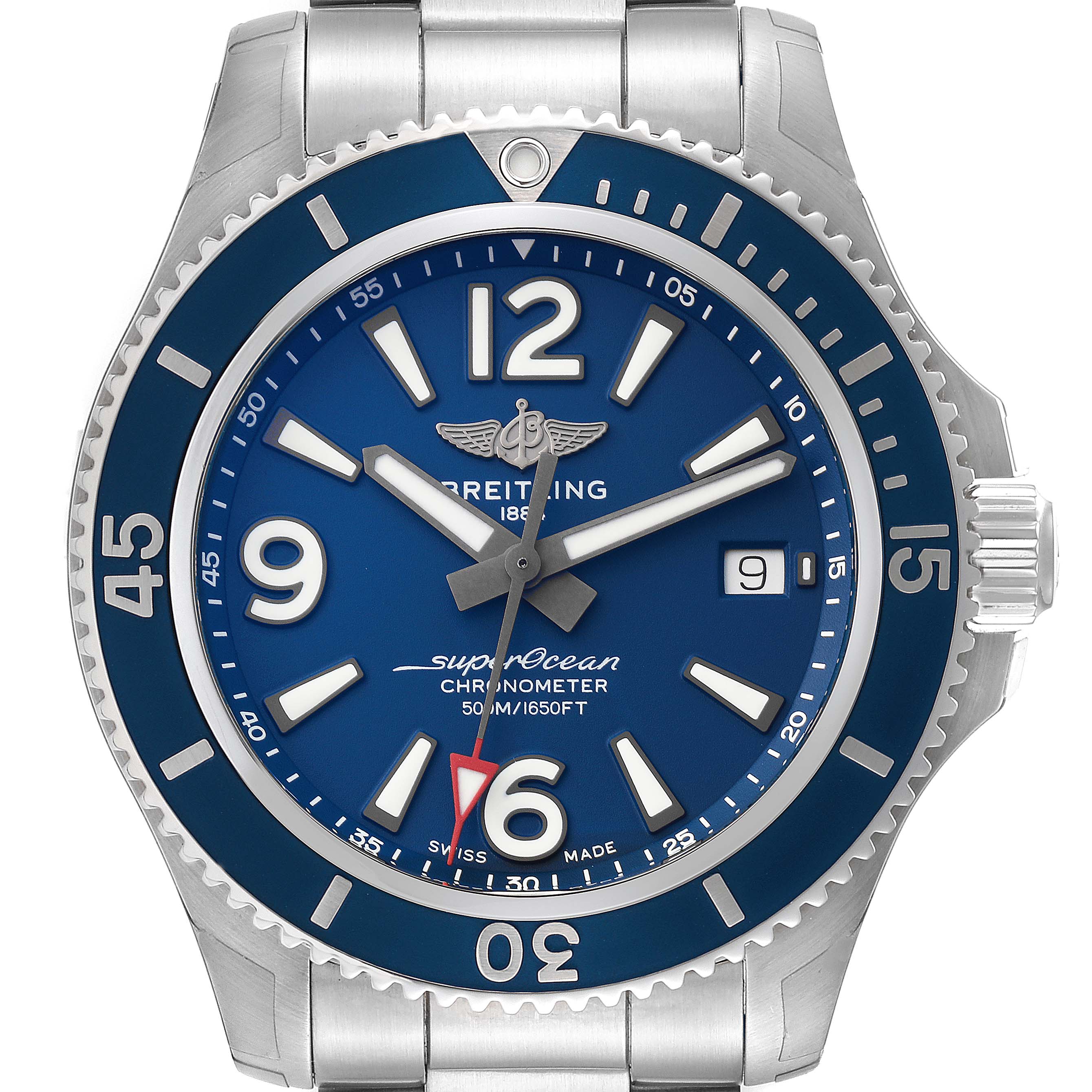 The image shows a front view of the Breitling Superocean A17366 Men's Stainless Steel Blue Dial A17366 Men's Stainless Steel Blue Dial watch, highlighting its blue dial, silver hands, date window, and rotating bezel.