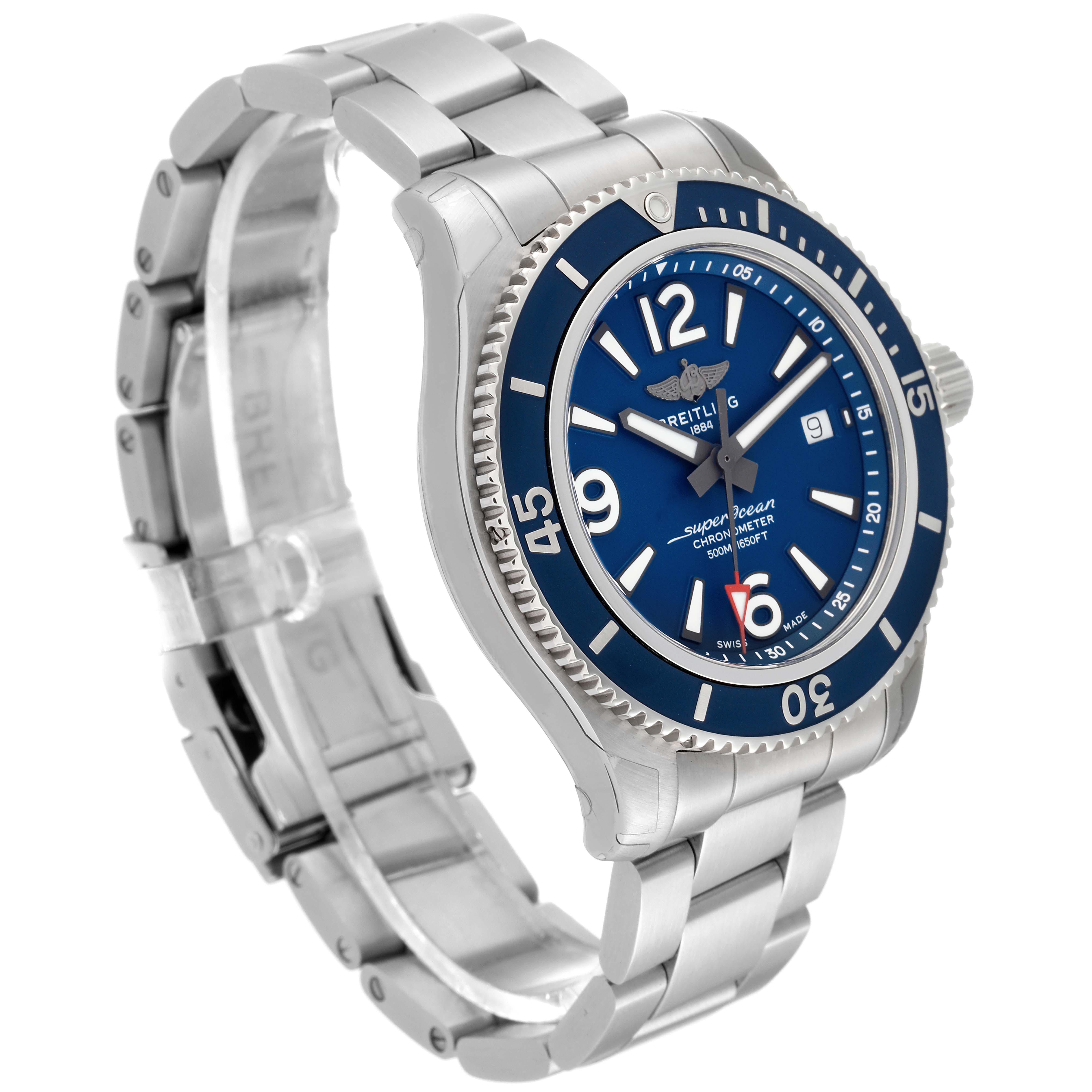 This image shows a Breitling Superocean A17366 Men's Stainless Steel Blue Dial A17366 Men's Stainless Steel Blue Dial watch from an angled side view, displaying the face, bezel, bracelet, and crown.