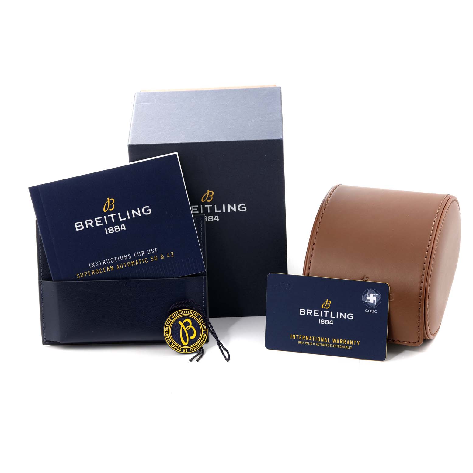 The image shows the Breitling Superocean A17366 Men's Stainless Steel Blue Dial A17366 Men's Stainless Steel Blue Dial model packaging, including instructions, warranty card, tag, and watch case.