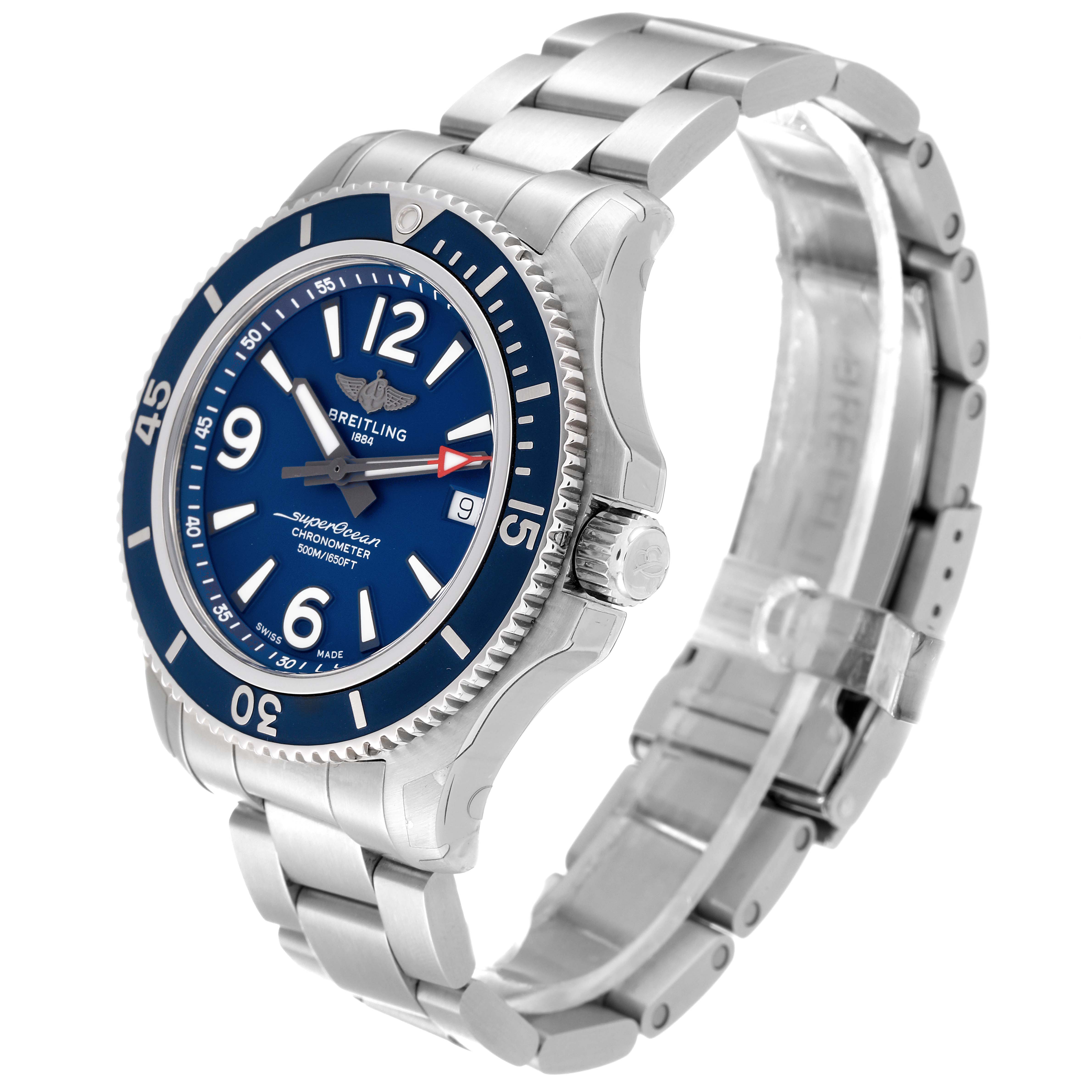 The image shows a side angle view of the Breitling Superocean A17366 Men's Stainless Steel Blue Dial A17366 Men's Stainless Steel Blue Dial watch, highlighting its blue dial, bezel, and stainless steel bracelet.