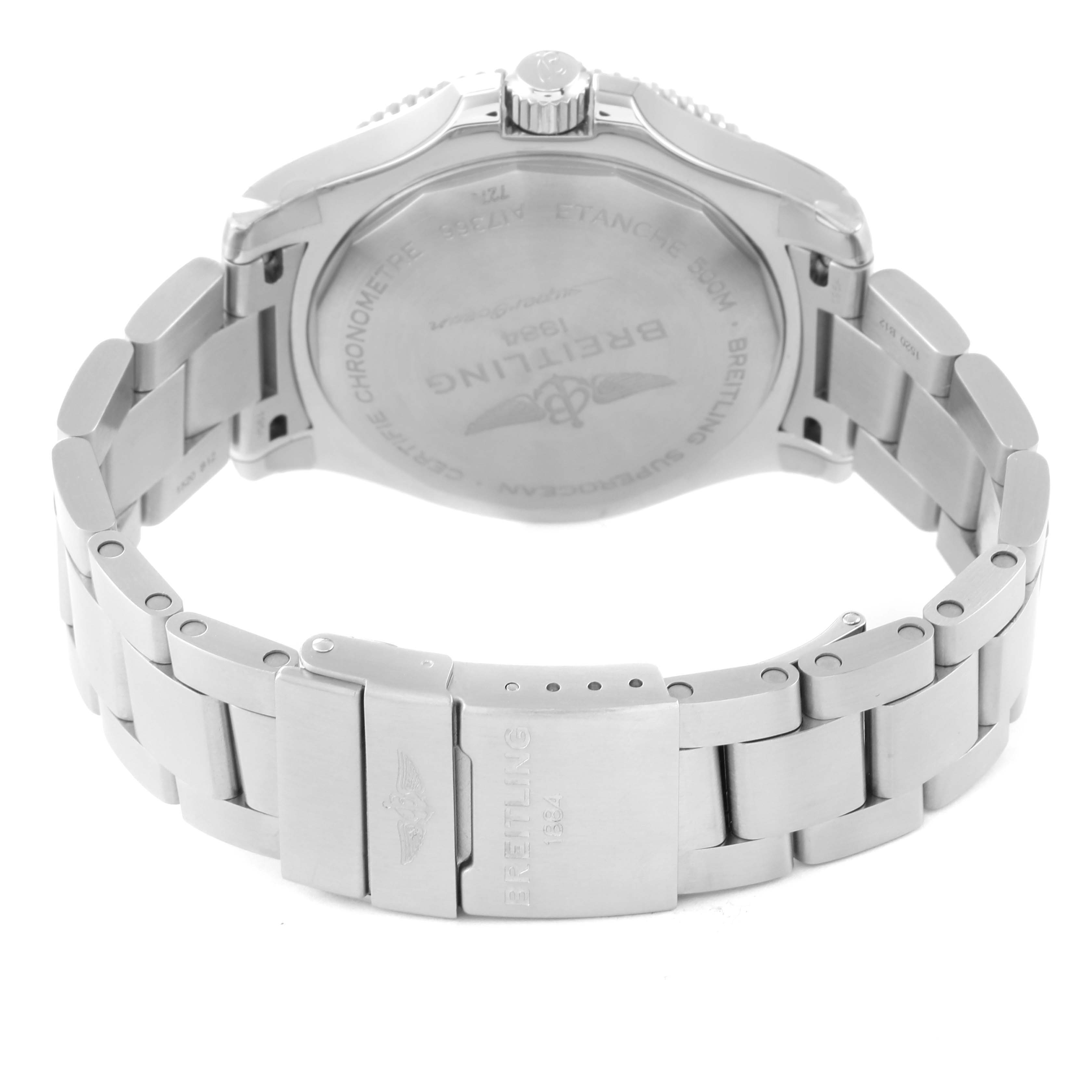The image shows the back view of a Breitling Superocean A17366 Men's Stainless Steel Blue Dial A17366 Men's Stainless Steel Blue Dial watch, highlighting its case back, bracelet, and clasp.