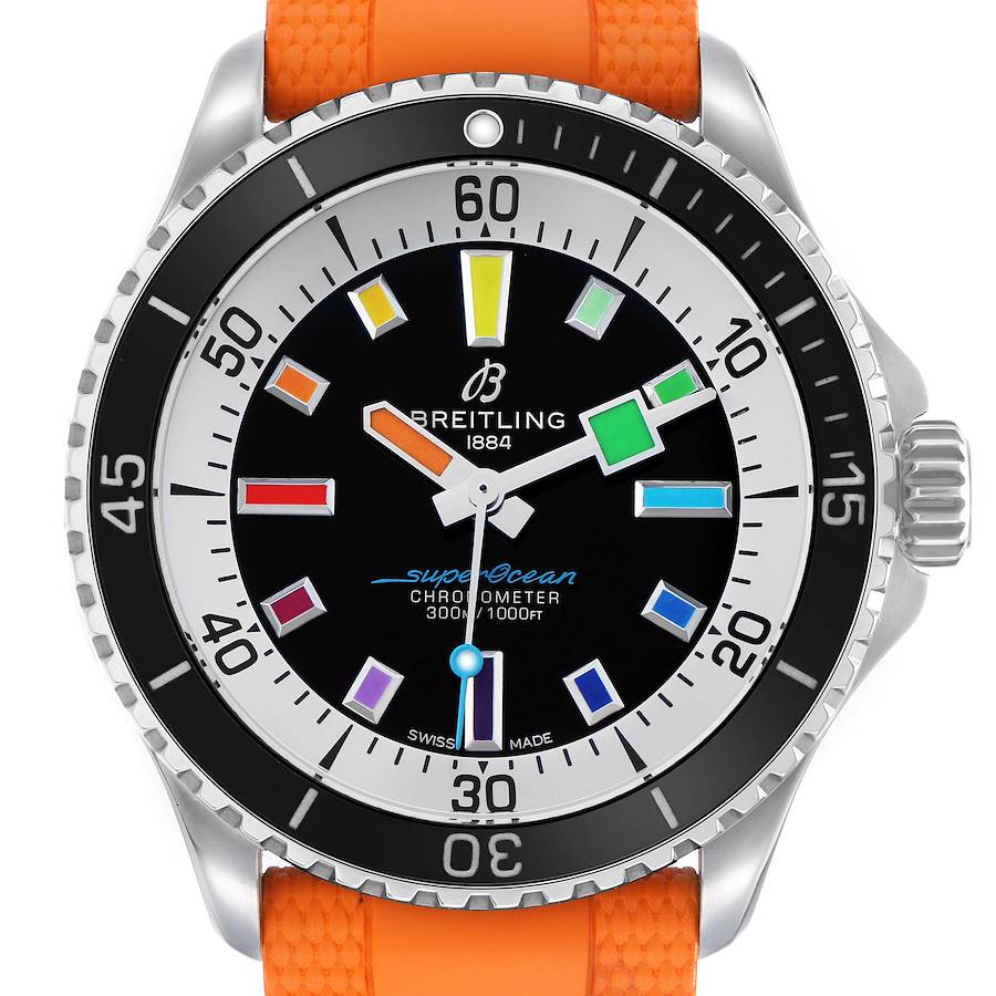 The Breitling Superocean A17375 Men's Stainless Steel Black Dial watch is shown from a front angle, highlighting its colorful dial, bezel, and orange strap.