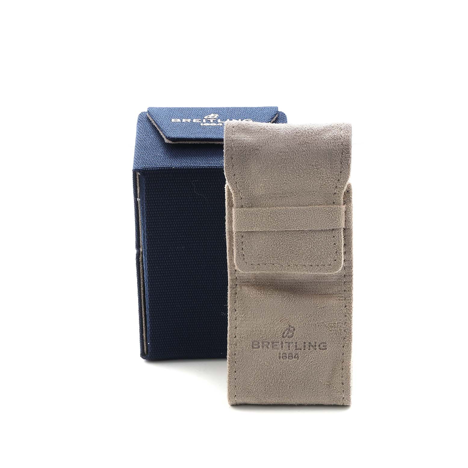 The image shows a Breitling Superocean A17375 Men
s Stainless Steel Black Dial watch case and a suede pouch, both viewed from the front.