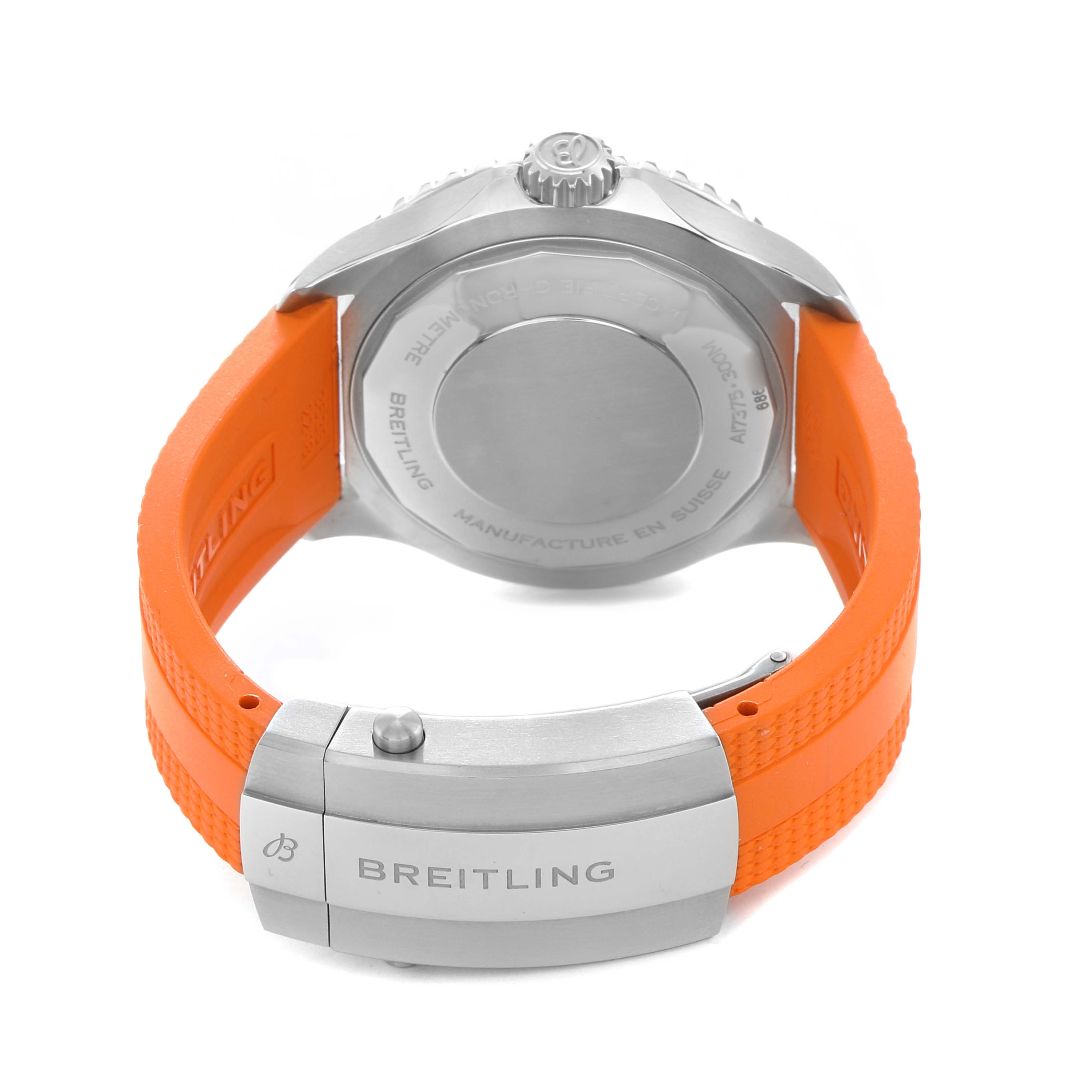 The image shows the back view of a Breitling Superocean A17375 Men
s Stainless Steel Black Dial watch, highlighting the case back and orange rubber strap with branding.