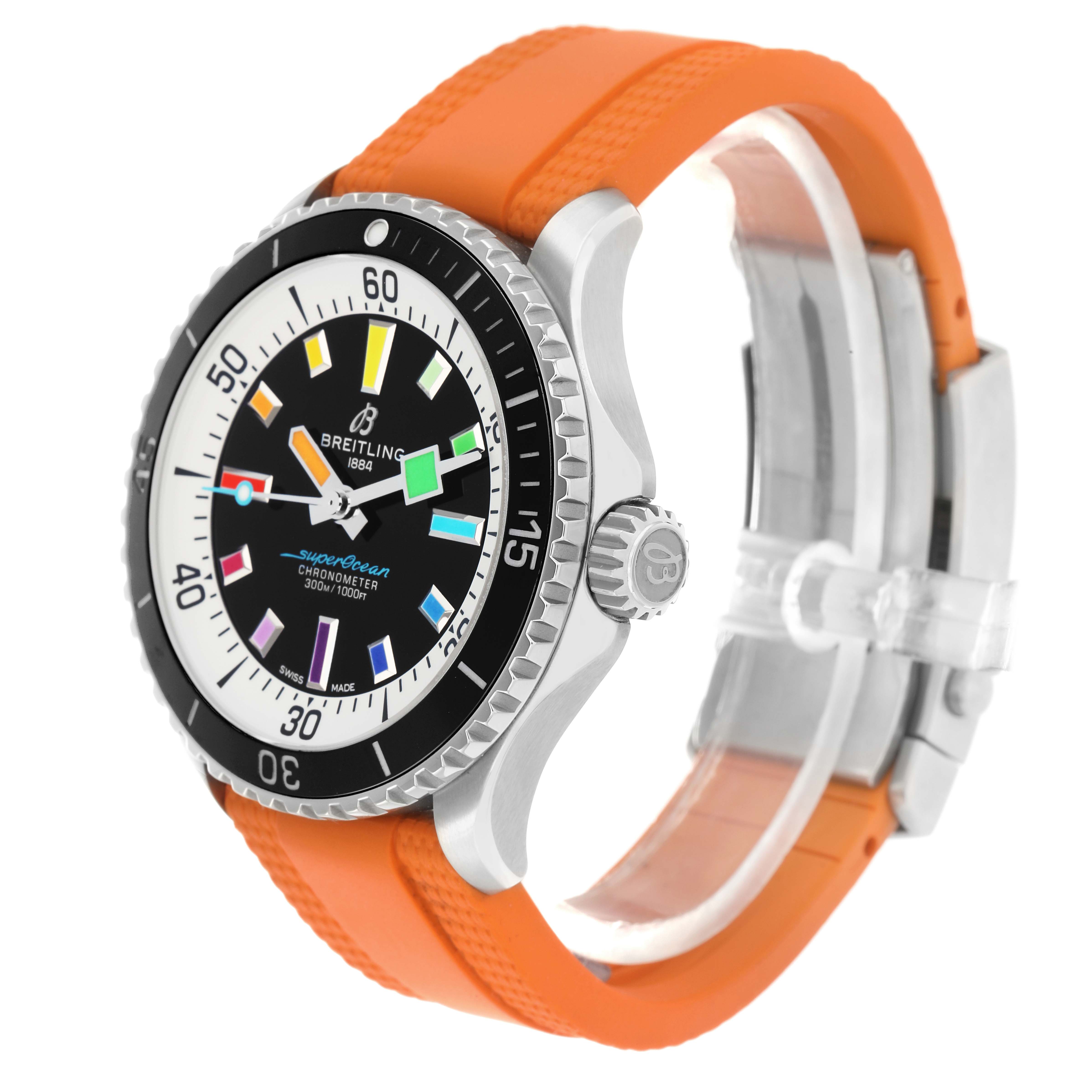 The Breitling Superocean A17375 Men
s Stainless Steel Black Dial watch is shown at a three-quarter angle, highlighting the dial, bezel, crown, and orange strap.