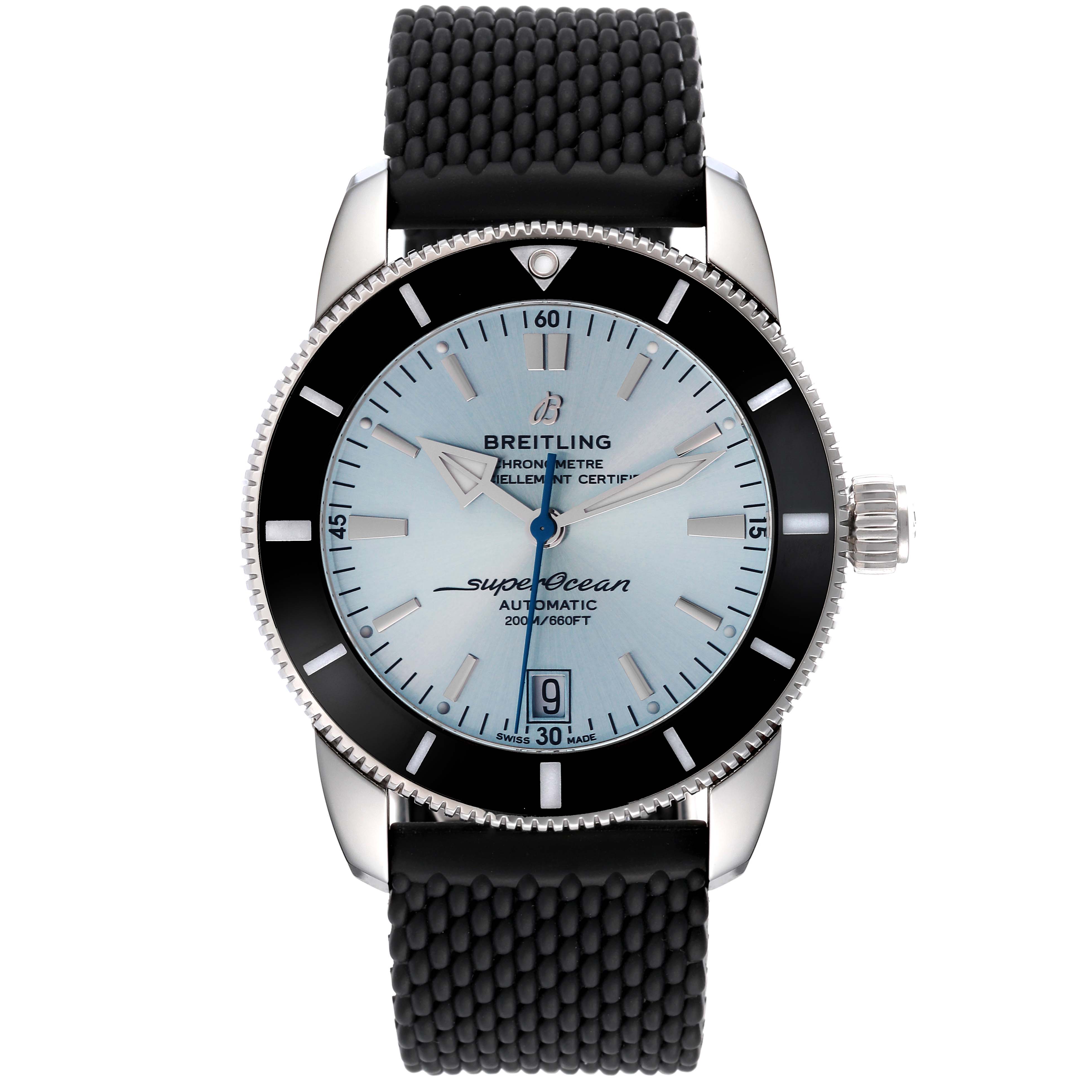 The image shows a front view of the Breitling Superocean AB20108A1C1S1 Men's Stainless Steel Blue Dial AB20108A1C1S1 Men's Stainless Steel Blue Dial watch, displaying its face, bezel, and textured strap.