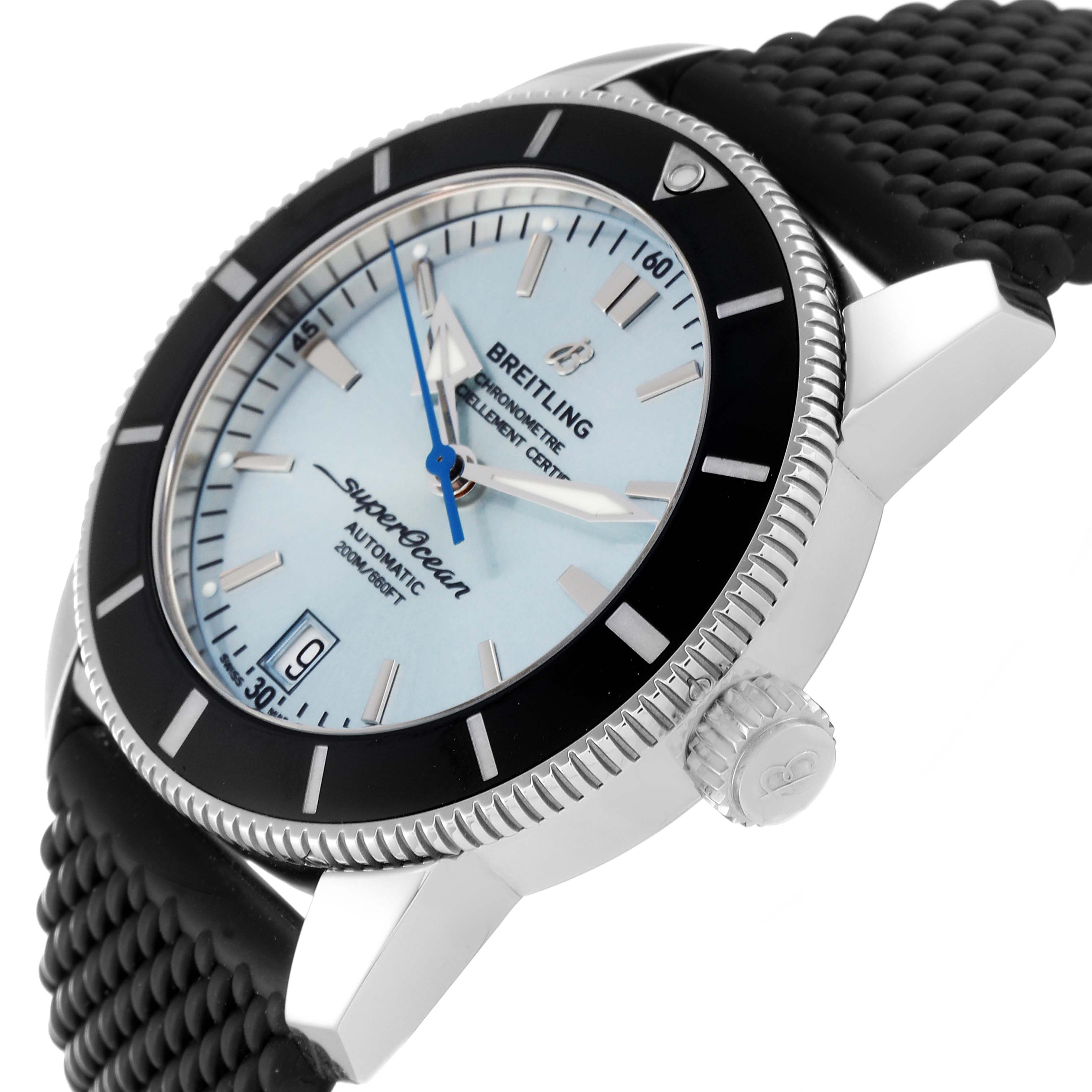 The image shows a side angle view of the Breitling Superocean AB20108A1C1S1 Men's Stainless Steel Blue Dial AB20108A1C1S1 Men's Stainless Steel Blue Dial watch, displaying the bezel, crown, dial, and part of the strap.