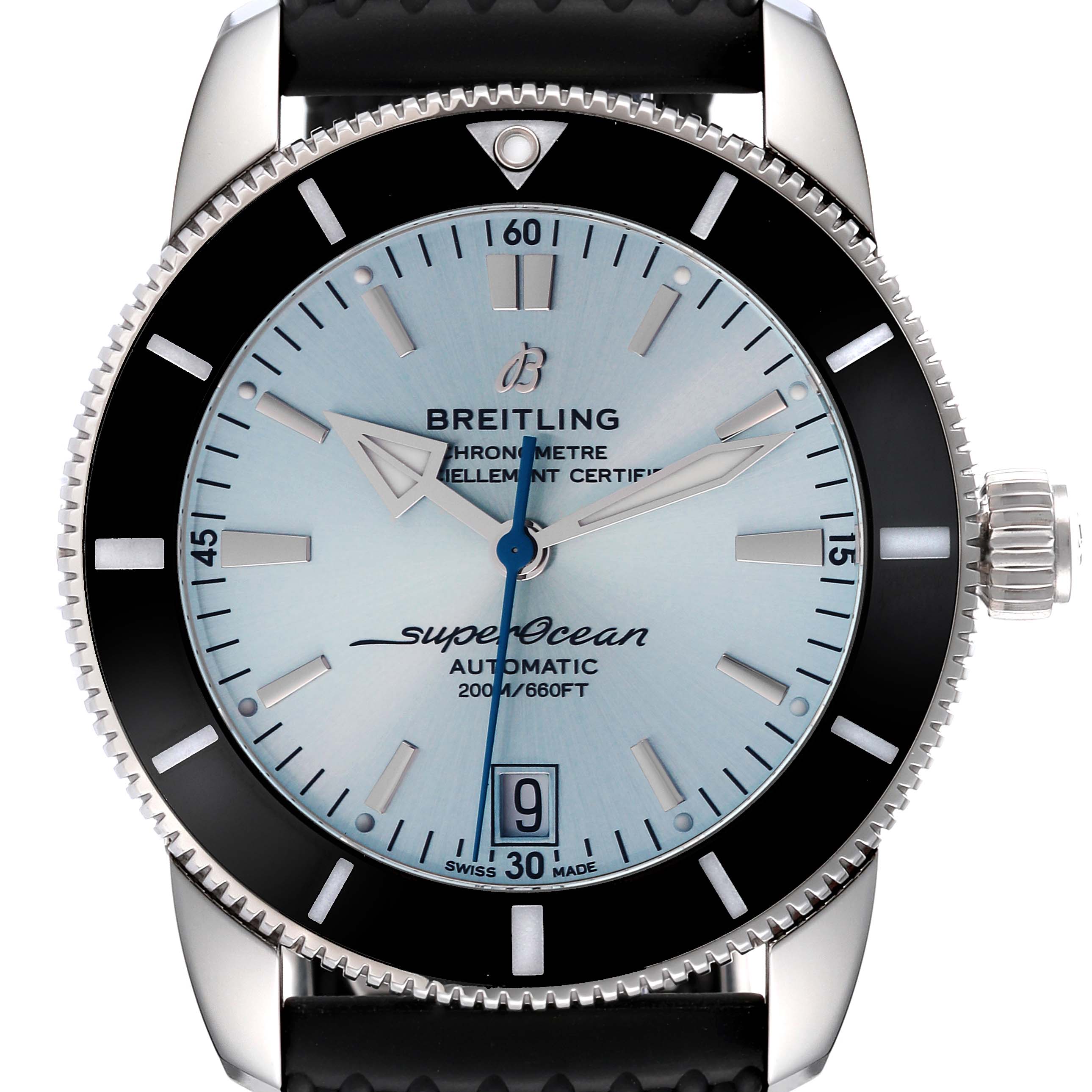 The image shows a front view of the Breitling Superocean AB20108A1C1S1 Men's Stainless Steel Blue Dial AB20108A1C1S1 Men's Stainless Steel Blue Dial watch, highlighting its dial, bezel, and crown.