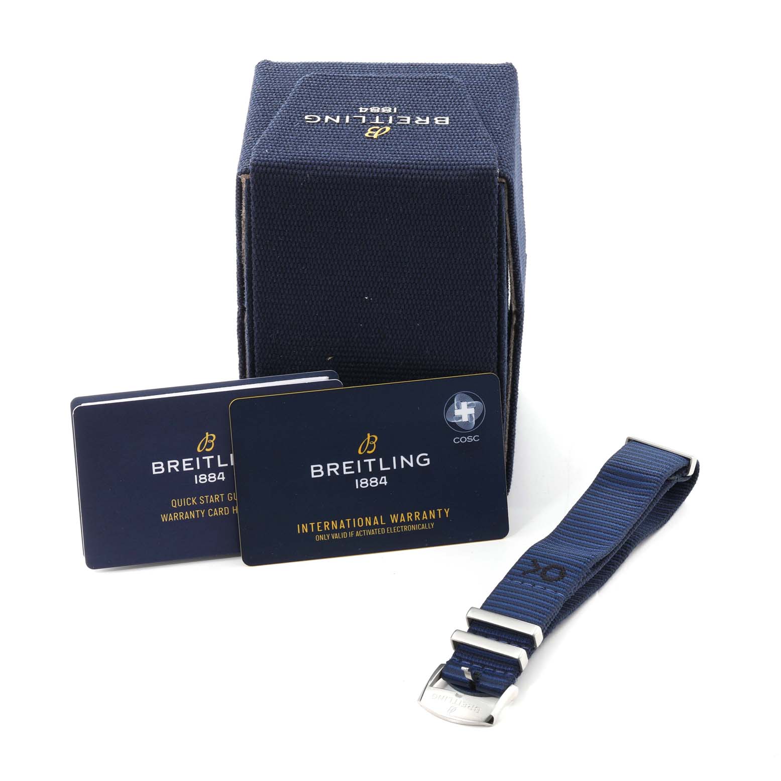 The image shows the packaging, a warranty card, a quick start guide, and an extra strap for the Breitling Superocean AB20108A1C1S1 Men's Stainless Steel Blue Dial AB20108A1C1S1 Men's Stainless Steel Blue Dial watch.