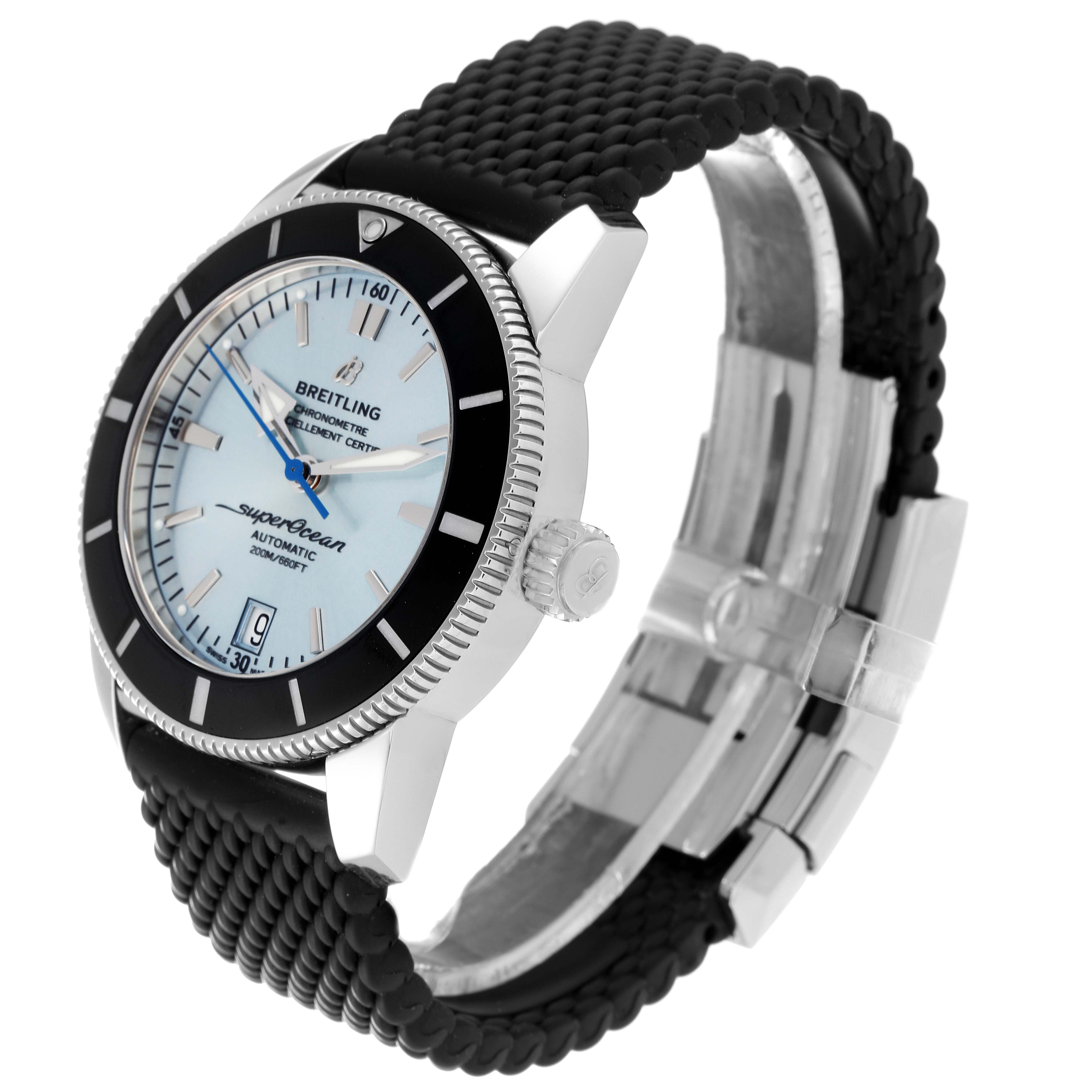 This image shows a side-angle view of a Breitling Superocean AB20108A1C1S1 Men's Stainless Steel Blue Dial AB20108A1C1S1 Men's Stainless Steel Blue Dial watch displaying the face, bezel, crown, and bracelet.