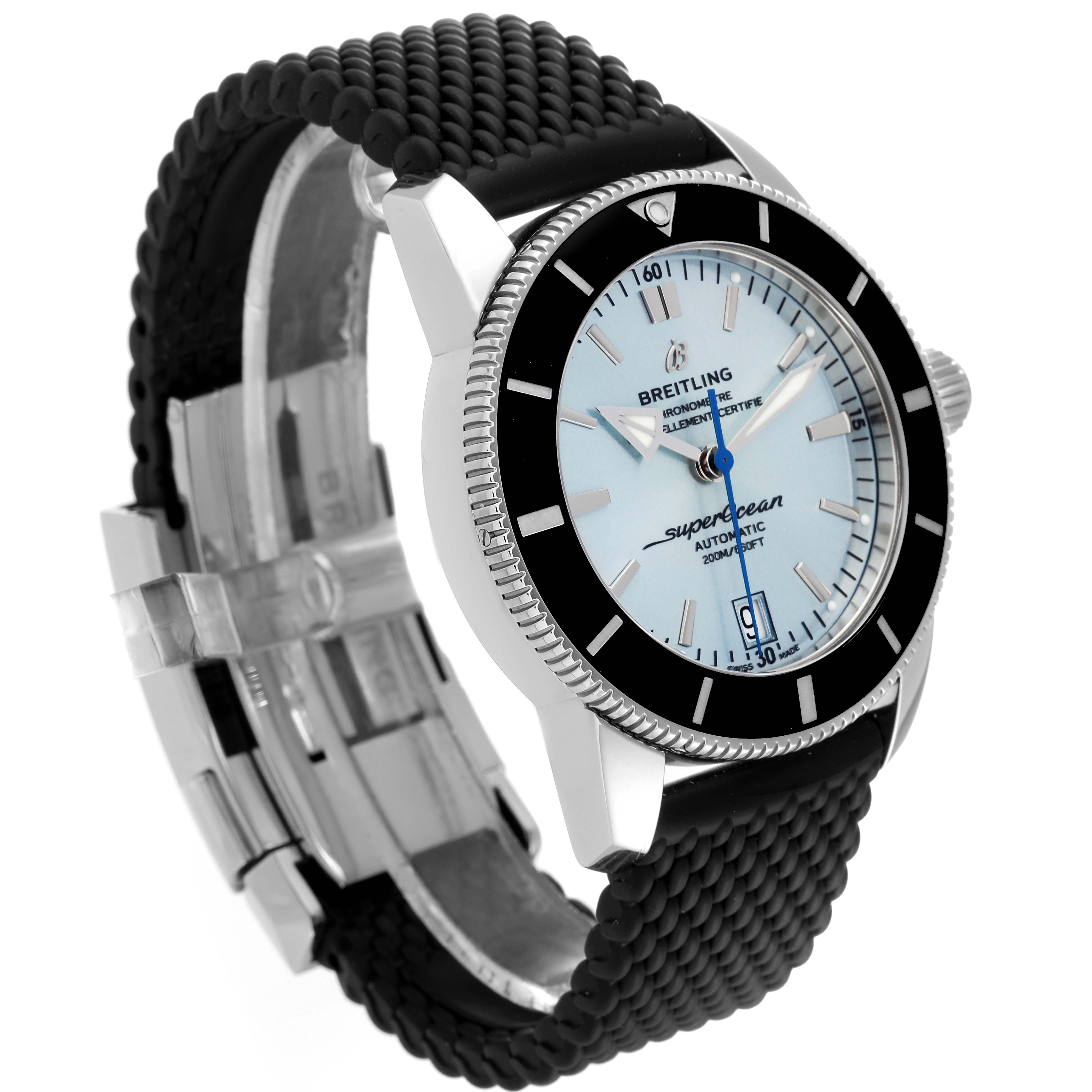 This image shows a Breitling Superocean AB20108A1C1S1 Men's Stainless Steel Blue Dial AB20108A1C1S1 Men's Stainless Steel Blue Dial watch at a three-quarter angle, highlighting its face, bezel, case, and black textured strap.