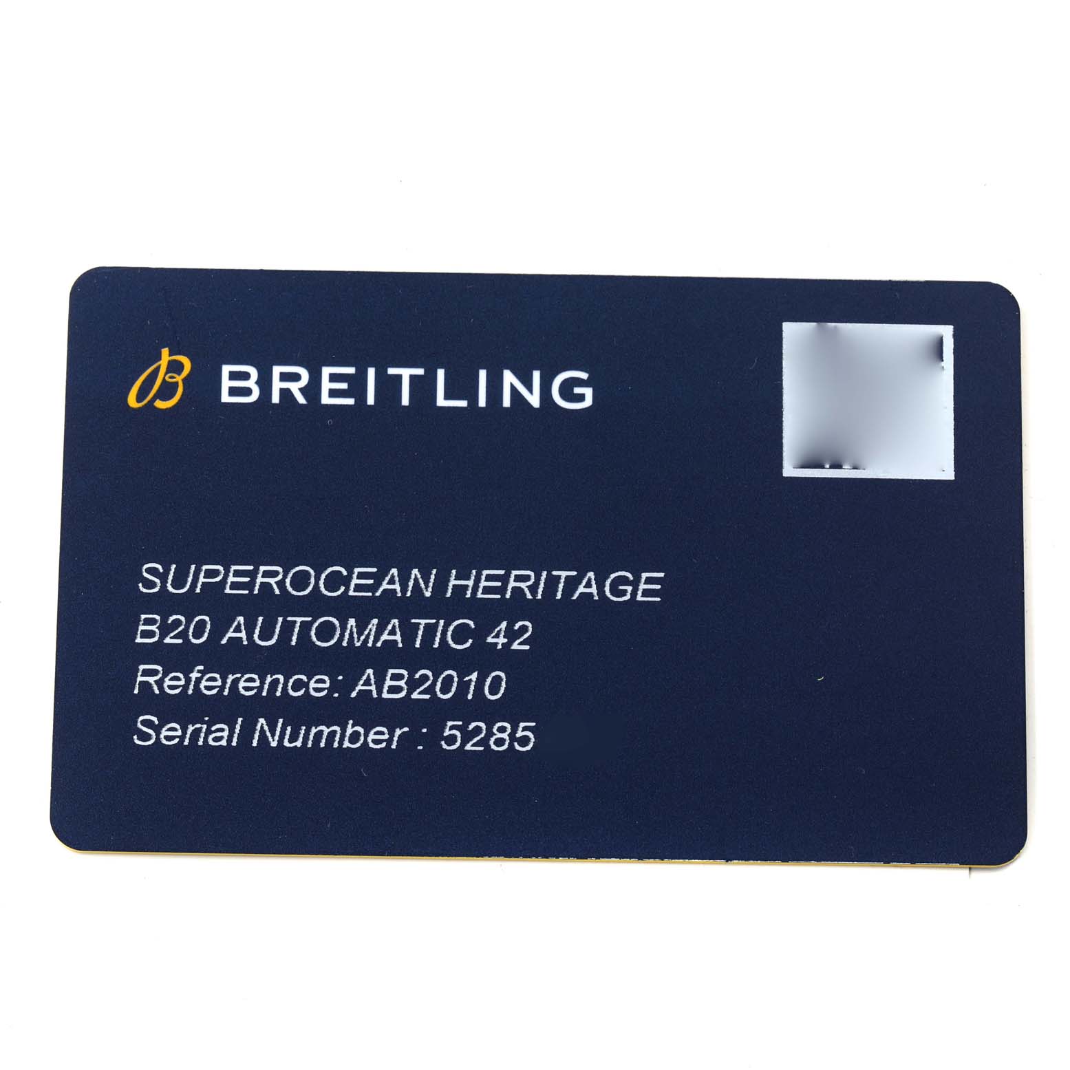 This image shows a warranty card for a Breitling Superocean AB20108A1C1S1 Men's Stainless Steel Blue Dial AB20108A1C1S1 Men's Stainless Steel Blue Dial Heritage B20 Automatic 42 watch, providing model and serial number details.